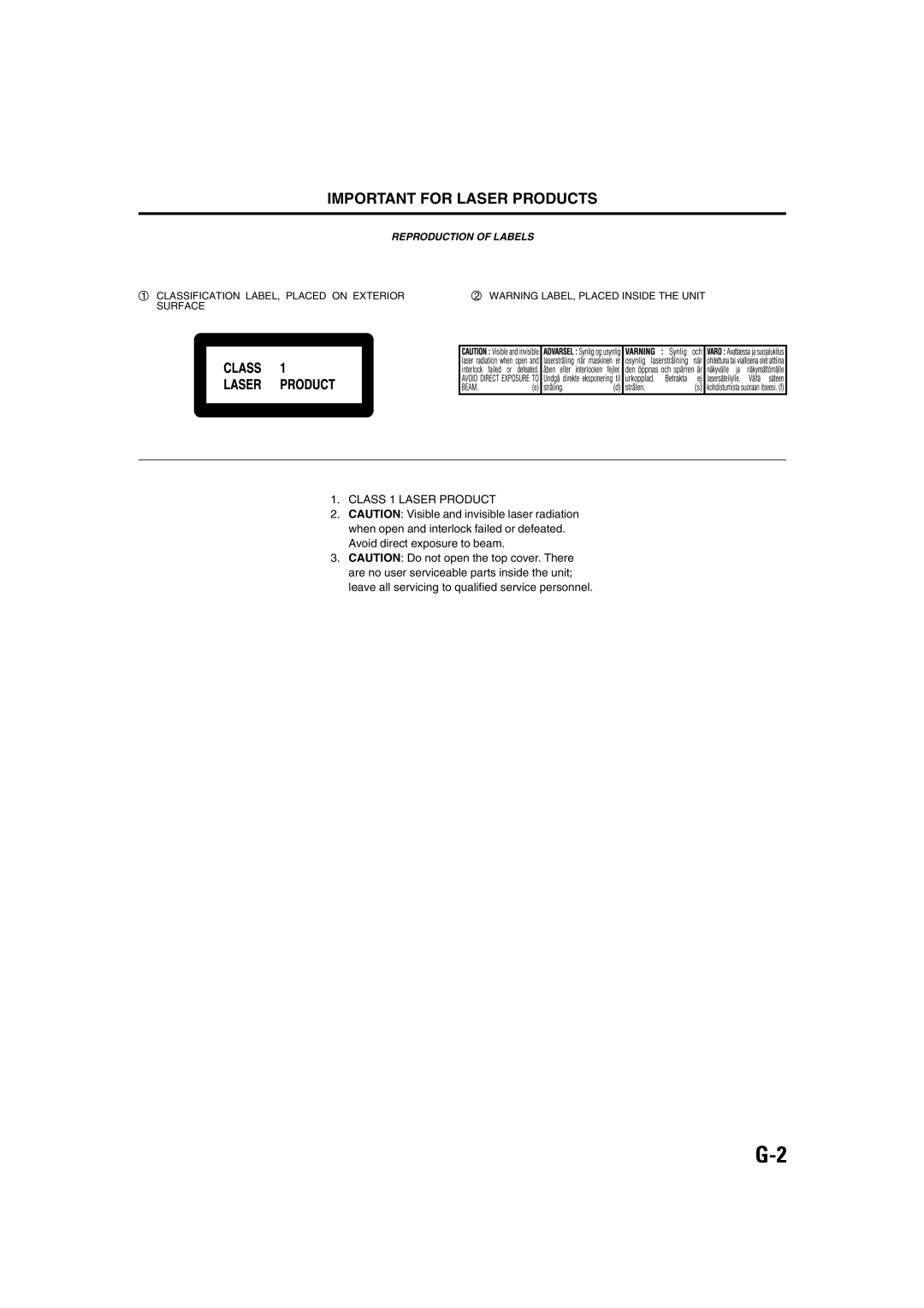 JVC TH-A75 manual Important for Laser Products, Class 1 Laser Product 