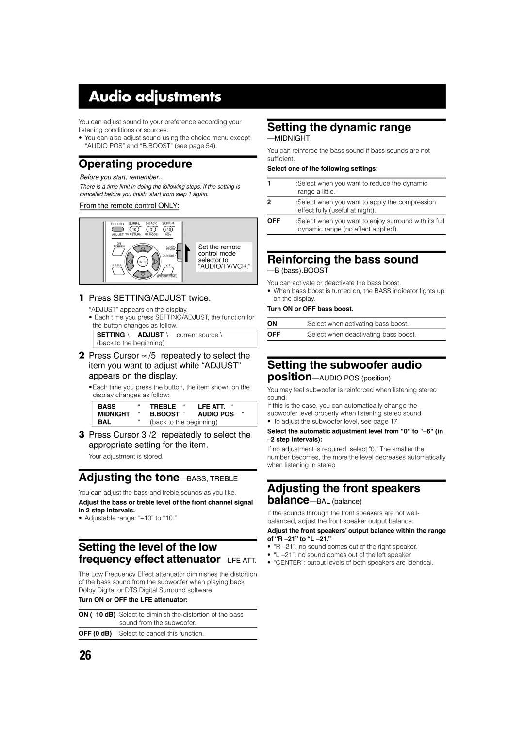 JVC TH-A75 manual Audio adjustments 