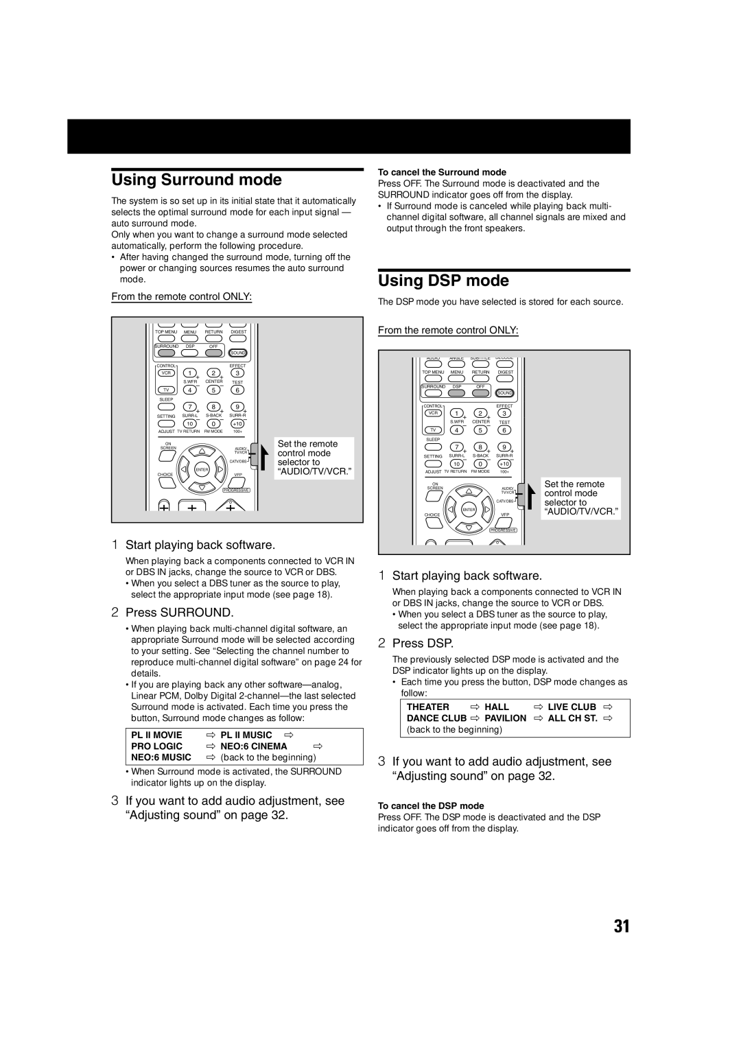 JVC TH-A75 manual Using Surround mode, Using DSP mode 