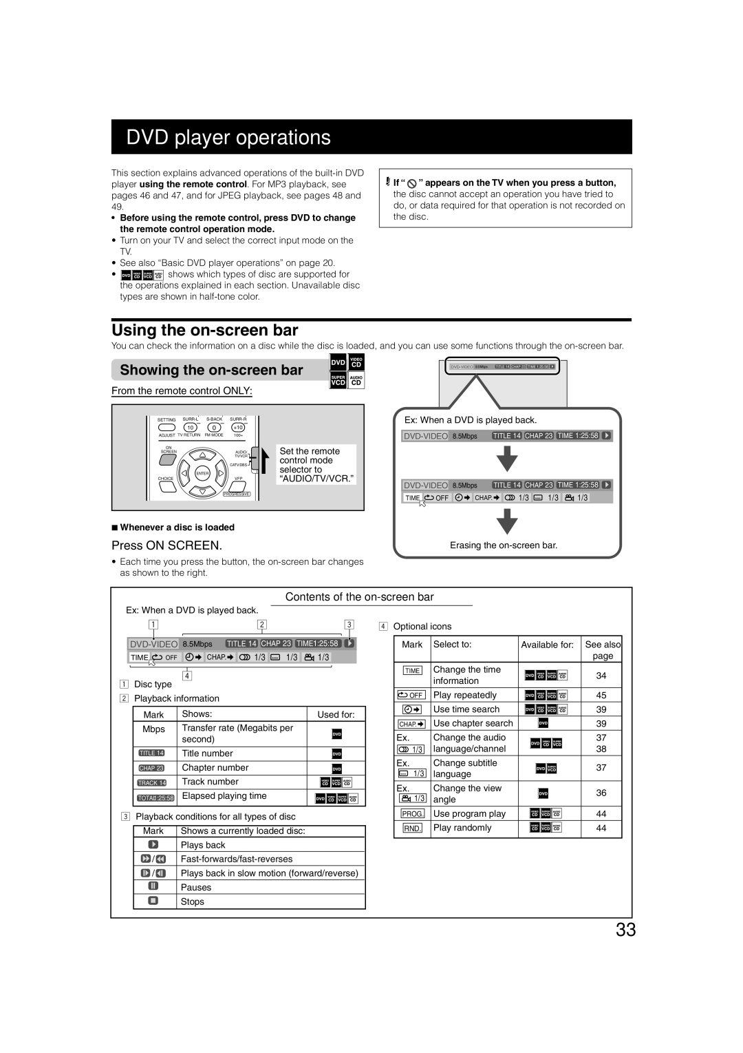 JVC TH-A75 manual DVD player operations, Using the on-screen bar, Showing the on-screen bar, Press on Screen 