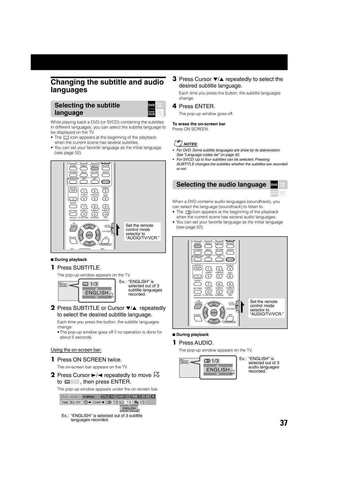 JVC TH-A75 manual Changing the subtitle and audio languages, Selecting the subtitle language, Selecting the audio language 