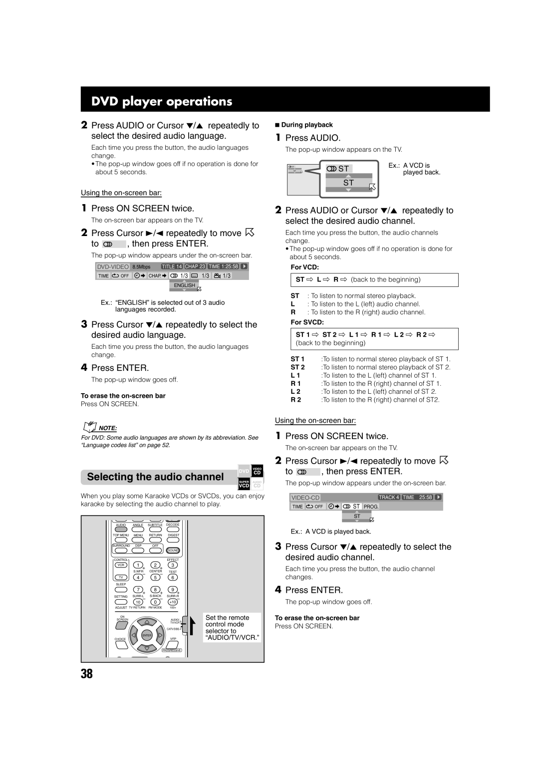 JVC TH-A75 Selecting the audio channel, Press Audio or Cursor ∞/5 repeatedly to, For VCD, For Svcd ST 1 ST 2 L 1 R 1 L 2 R 