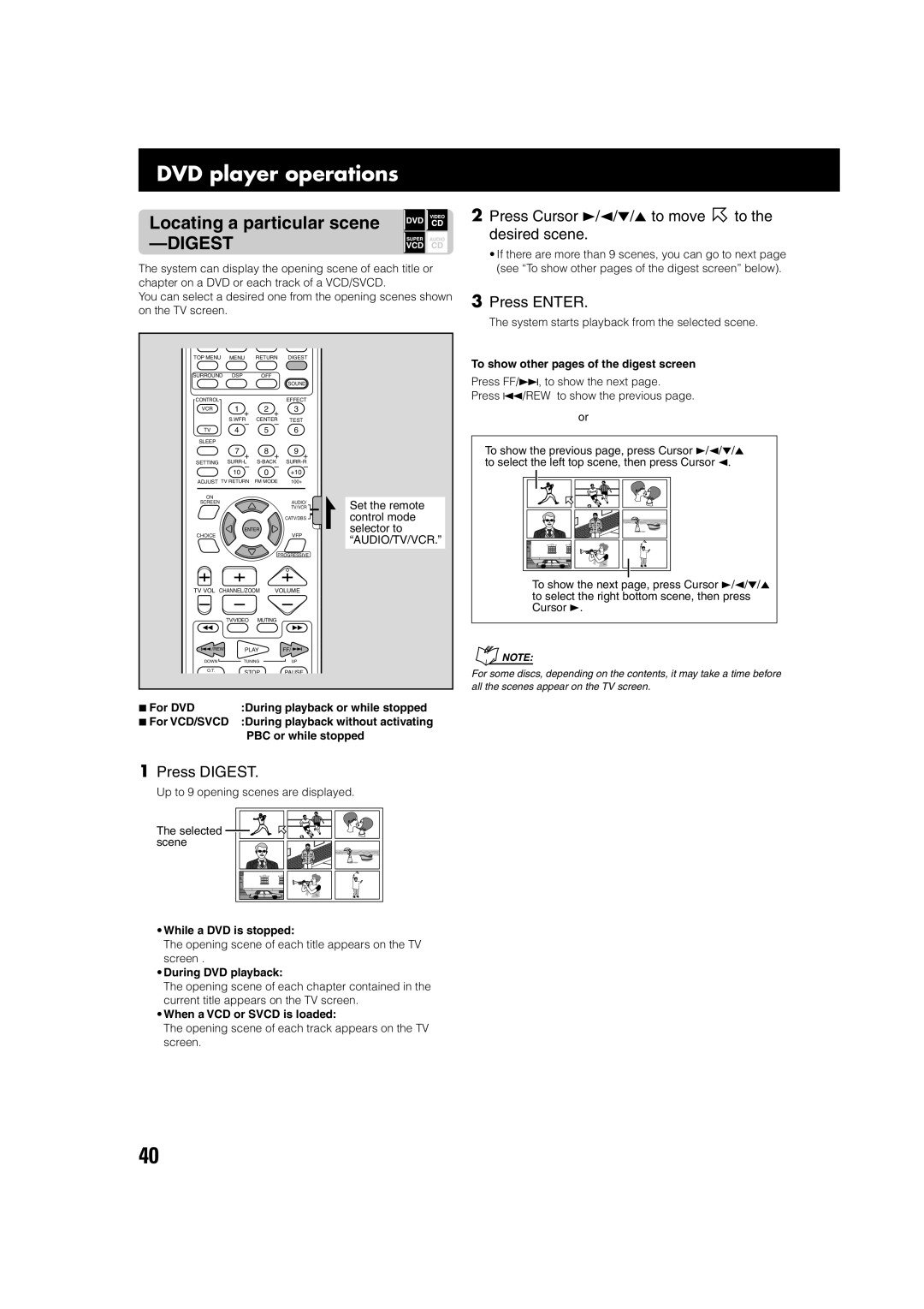 JVC TH-A75 manual Locating a particular scene, Press Cursor 3/2/∞/5 to move to the desired scene, Press Digest 