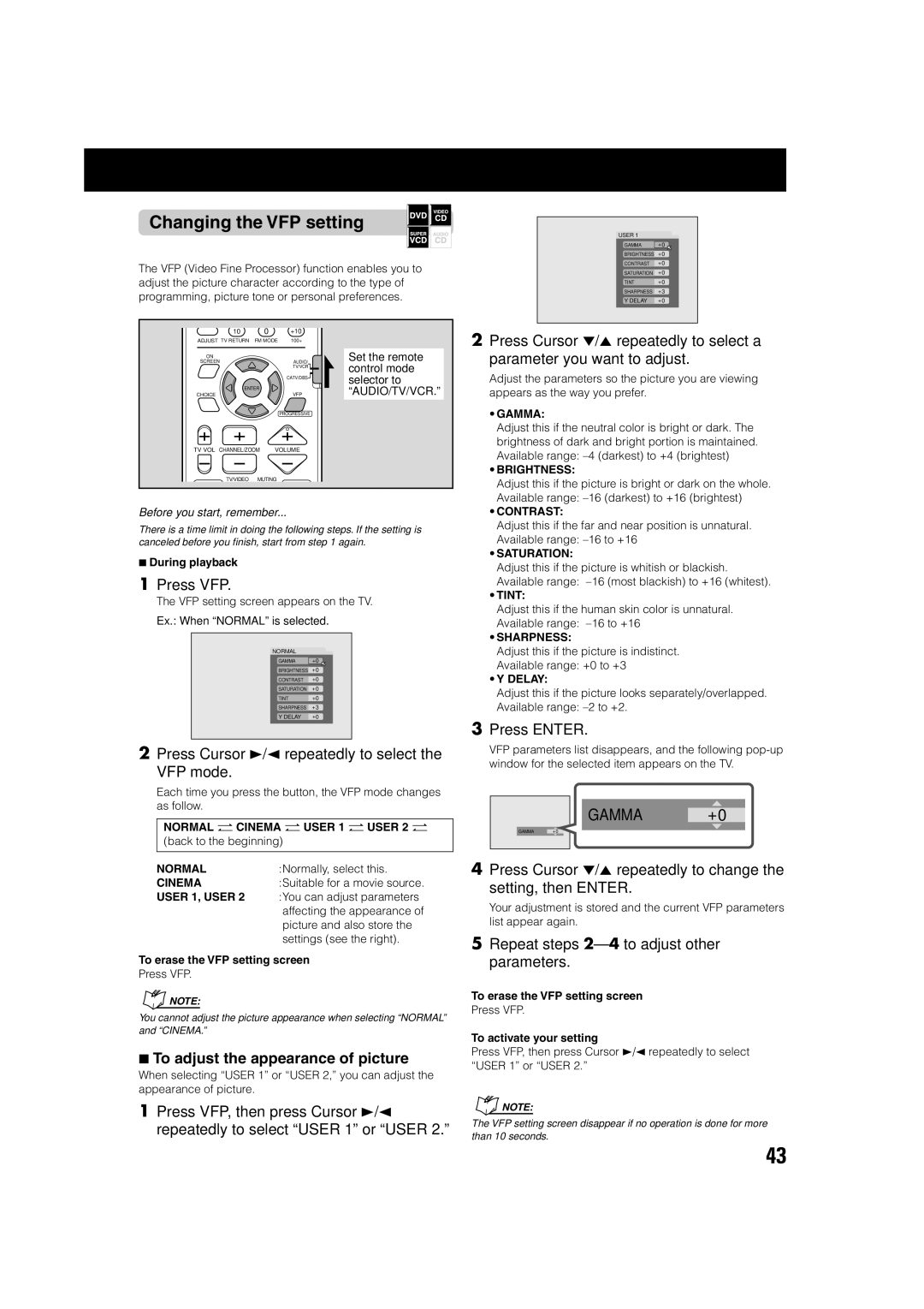 JVC TH-A75 manual Changing the VFP setting, Press VFP, Press Cursor 3/2 repeatedly to select the VFP mode 