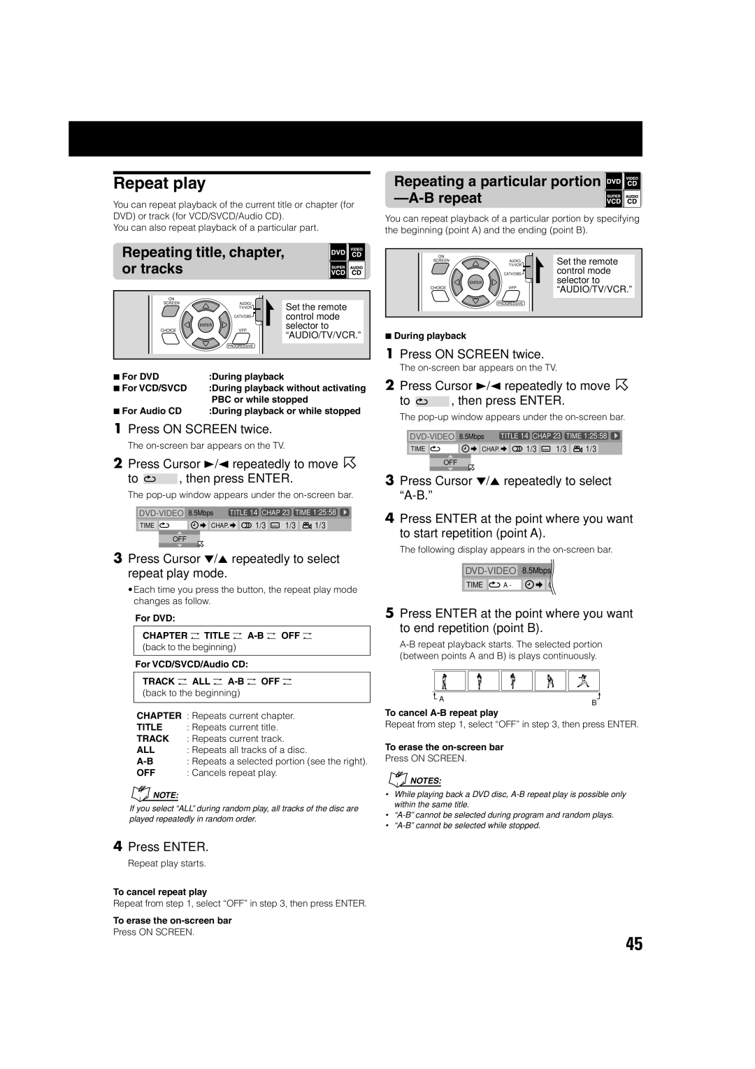 JVC TH-A75 manual Repeat play, Repeating title, chapter, or tracks, Repeating a particular portion 