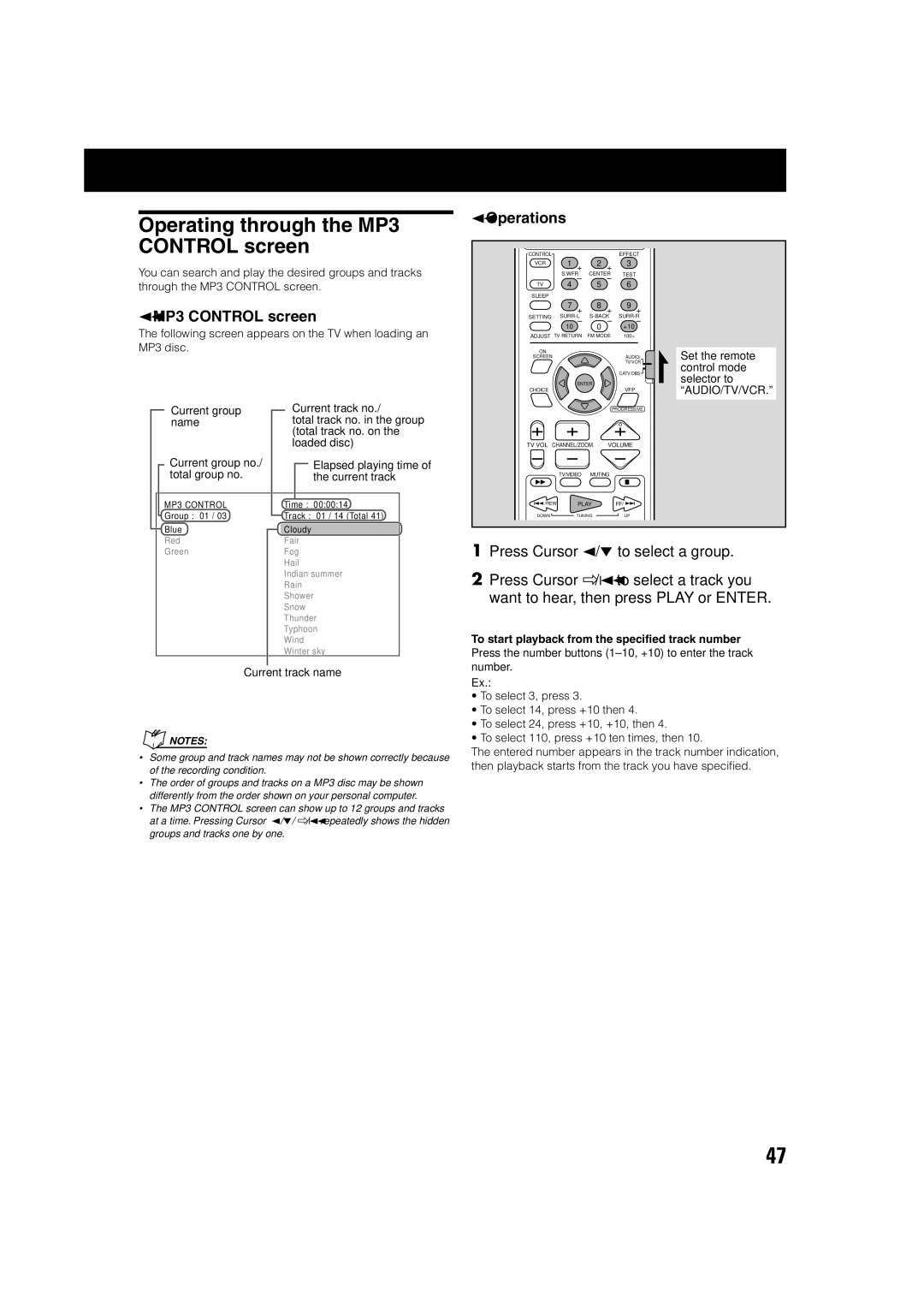 JVC TH-A75 manual Operating through the MP3 Control screen, Operations, To start playback from the specified track number 