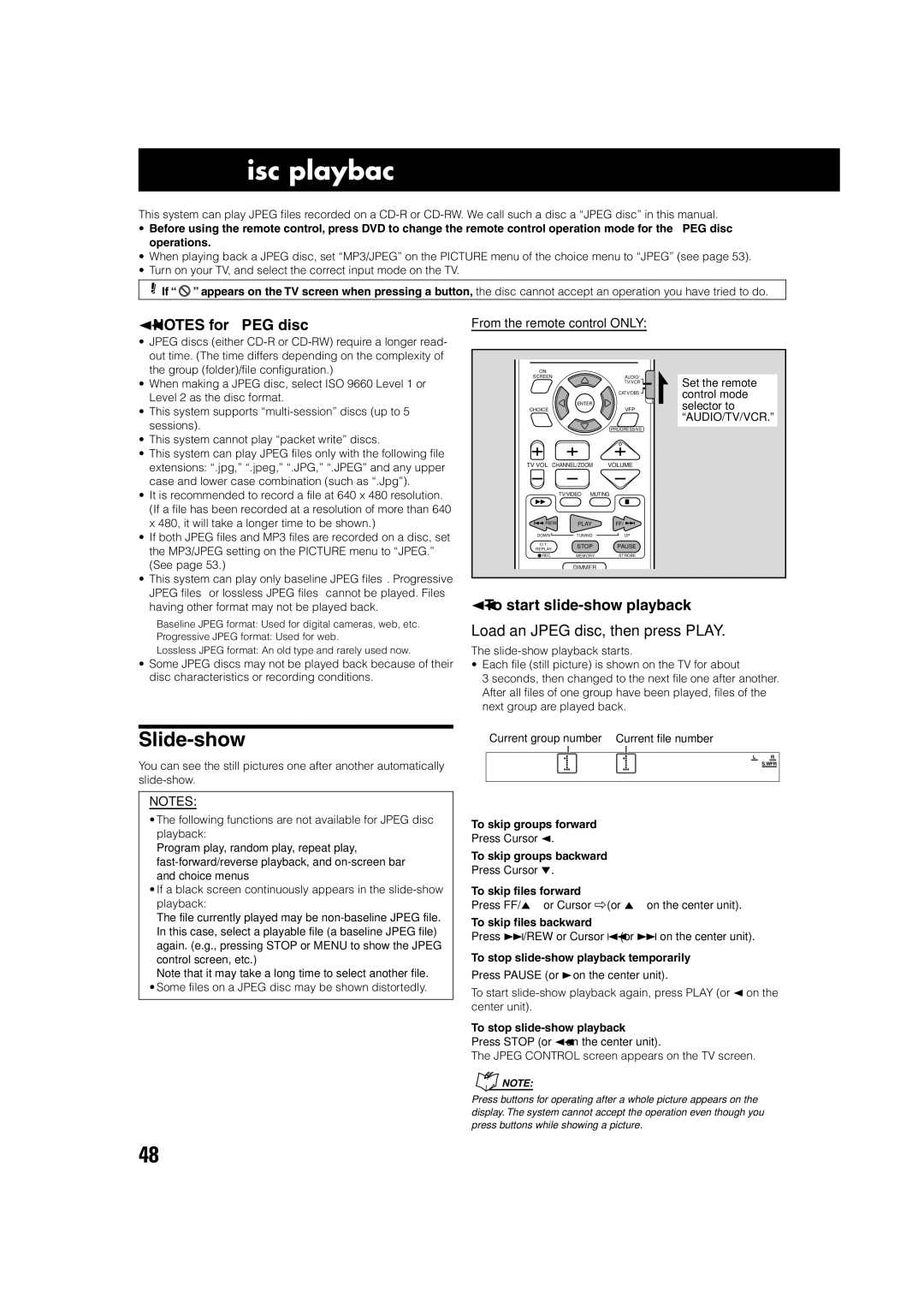 JVC TH-A75 manual Jpeg disc playback, Slide-show, To start slide-show playback, Load an Jpeg disc, then press Play 