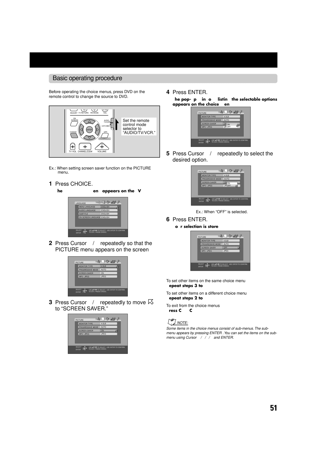 JVC TH-A75 manual Basic operating procedure, Press Choice, Press Cursor ∞/5 repeatedly to move to Screen Saver 