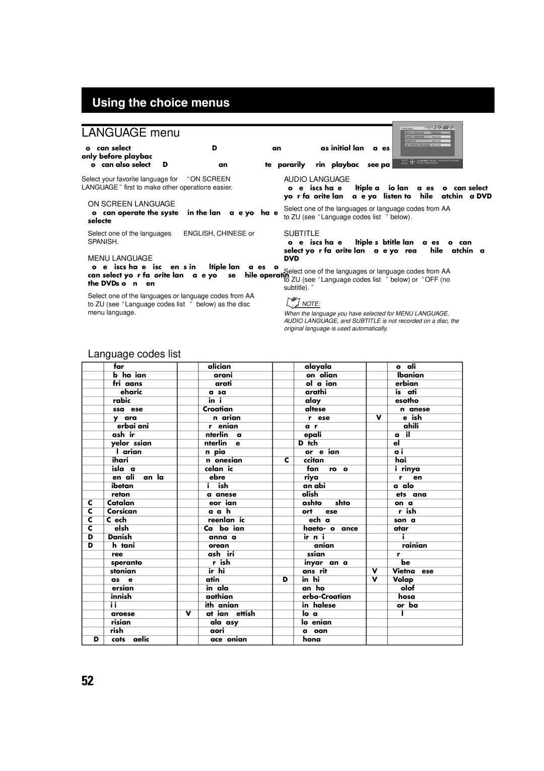 JVC TH-A75 Using the choice menus, Language menu, Language codes list, Select one of the languages-ENGLISH, Chinese or 