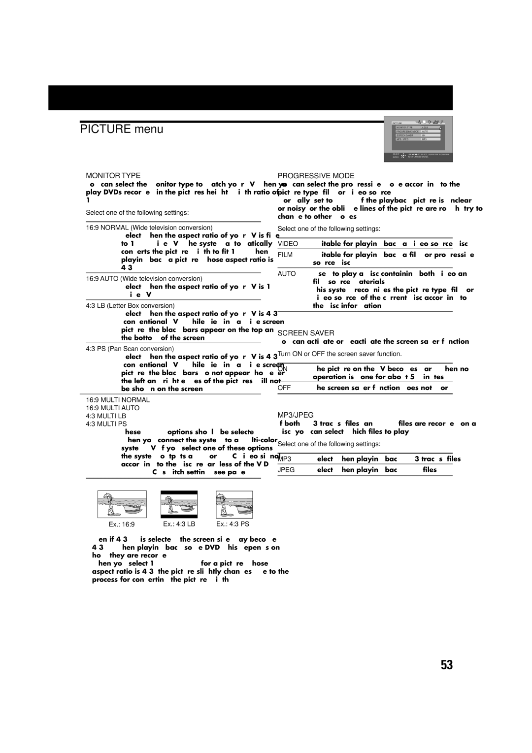 JVC TH-A75 manual Picture menu, Multi Normal 169 Multi Auto 43 Multi LB Multi PS, Turn on or OFF the screen saver function 