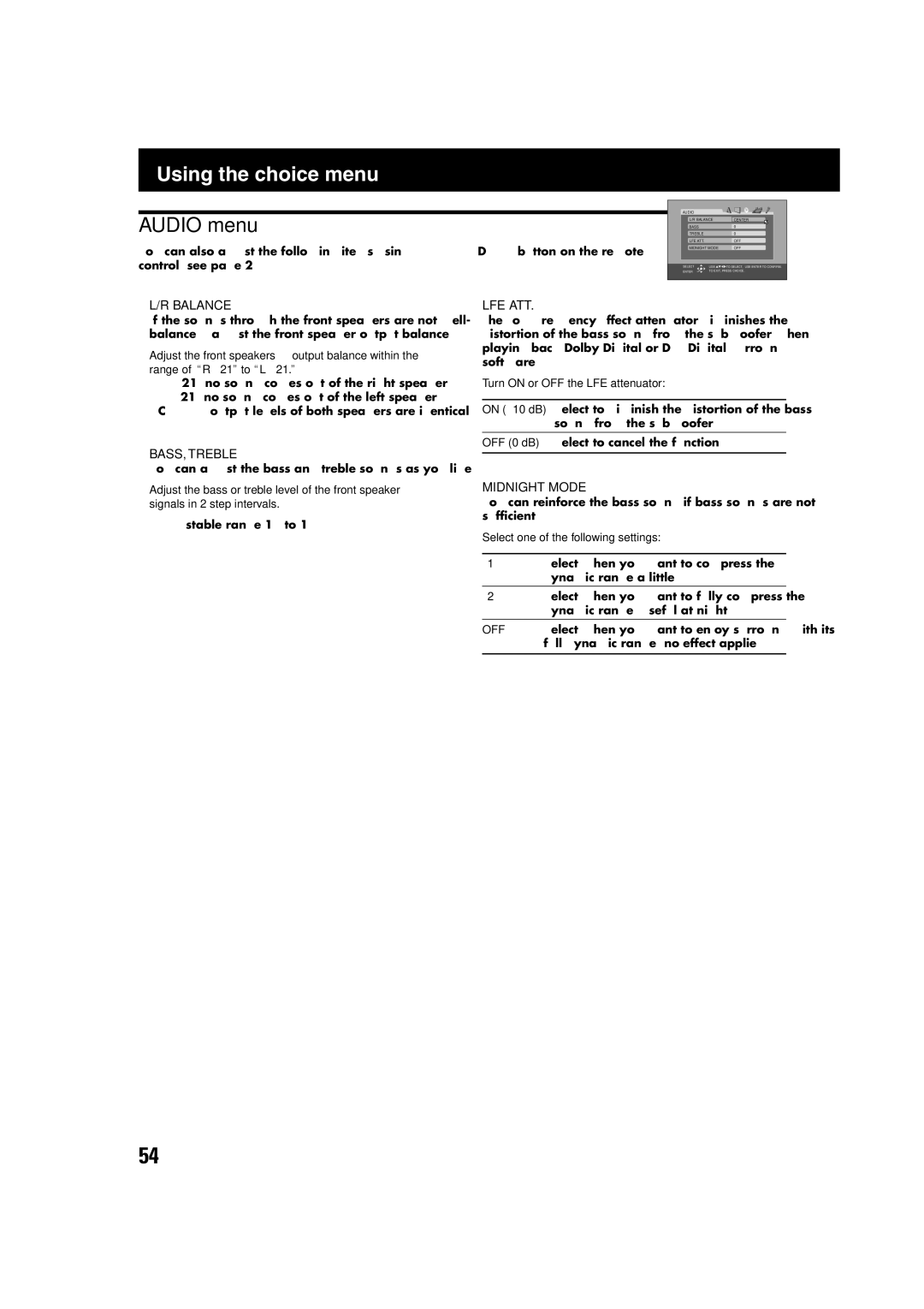 JVC TH-A75 manual Using the choice menu, Audio menu 