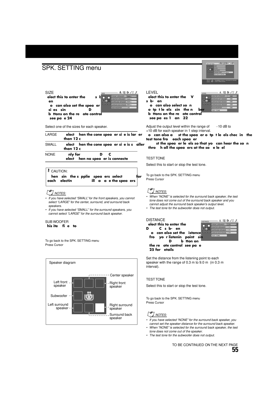 JVC TH-A75 manual SPK. Setting menu, Test Tone, SUB Woofer, To be on the Next 