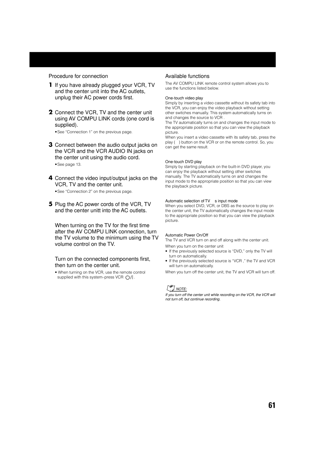 JVC TH-A75 manual Procedure for connection, Available functions 