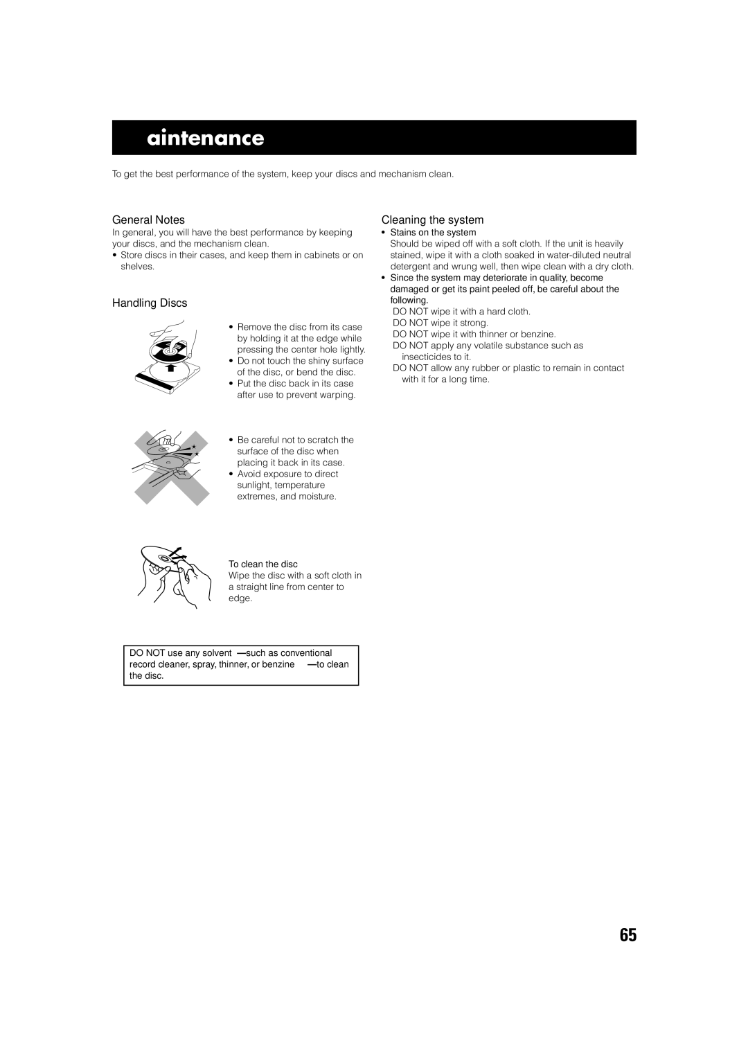 JVC TH-A75 manual Maintenance, Stains on the system, To clean the disc 