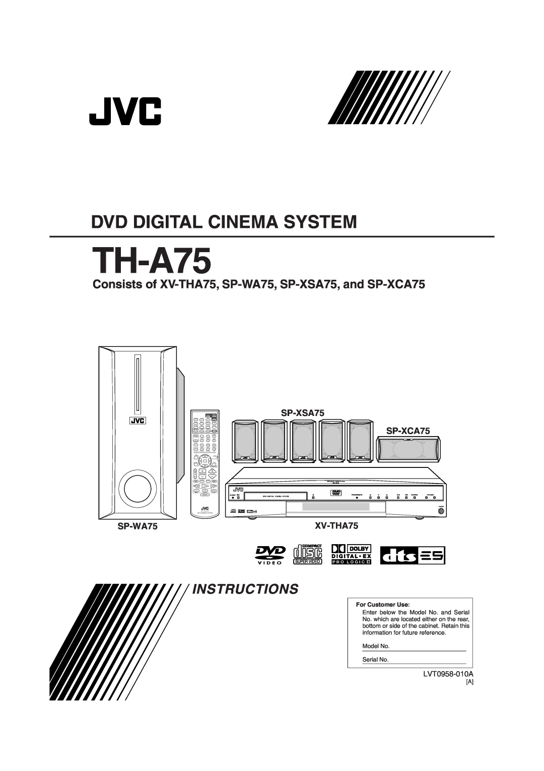 JVC TH-A75 manual SP-XSA75 SP-XCA75, SP-WA75, XV-THA75, Dvd Digital Cinema System, Instructions, LVT0958-010A 