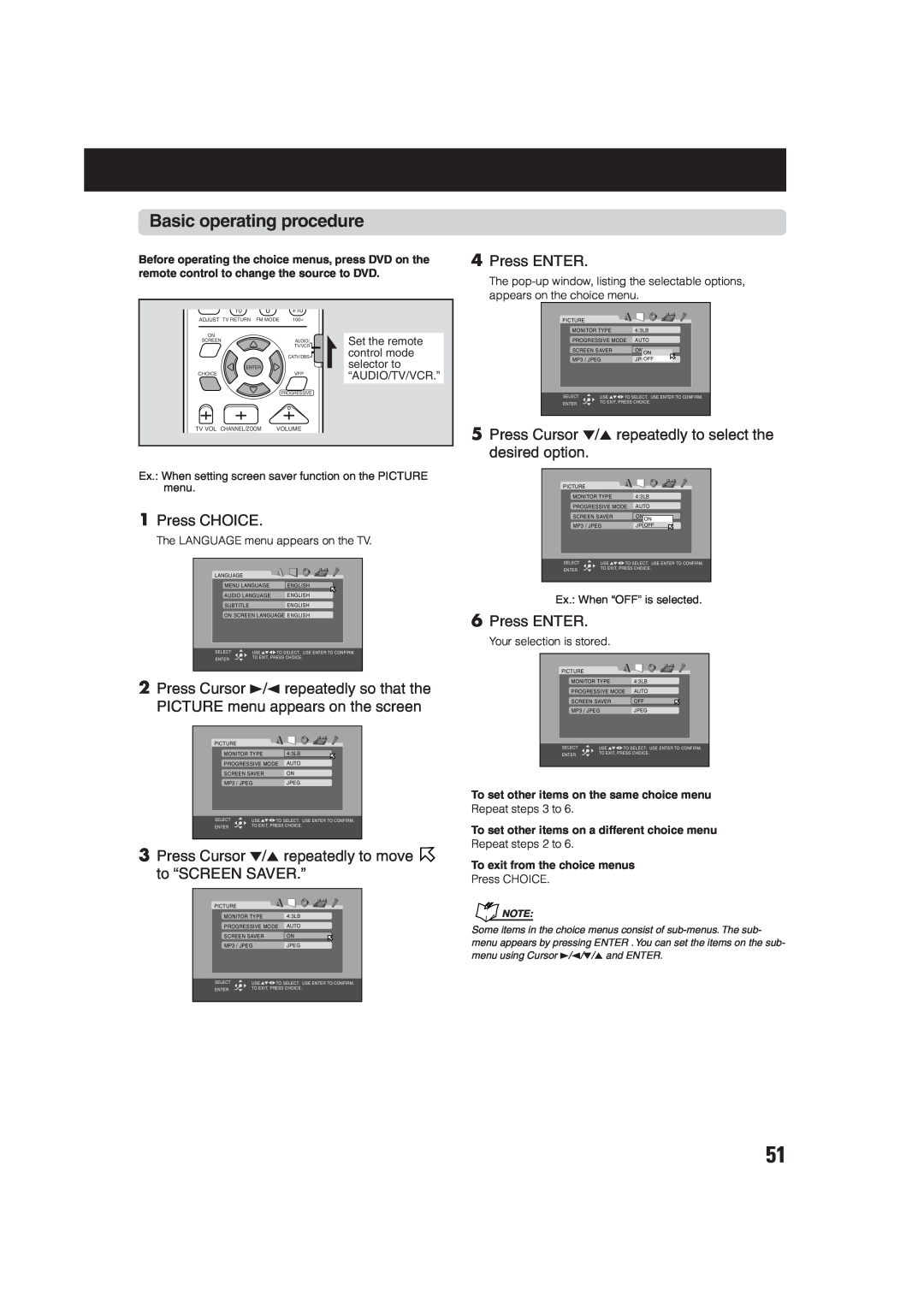 JVC TH-A75 manual Basic operating procedure, 1Press CHOICE, 6Press ENTER, 4Press ENTER, To exit from the choice menus 