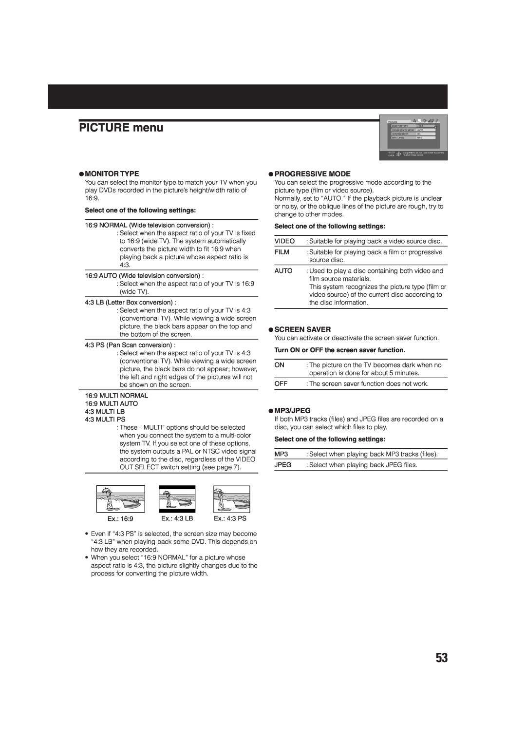 JVC TH-A75 PICTURE menu, ¶Monitor Type, ¶Progressive Mode, ¶Screen Saver, ¶MP3/JPEG, Select one of the following settings 