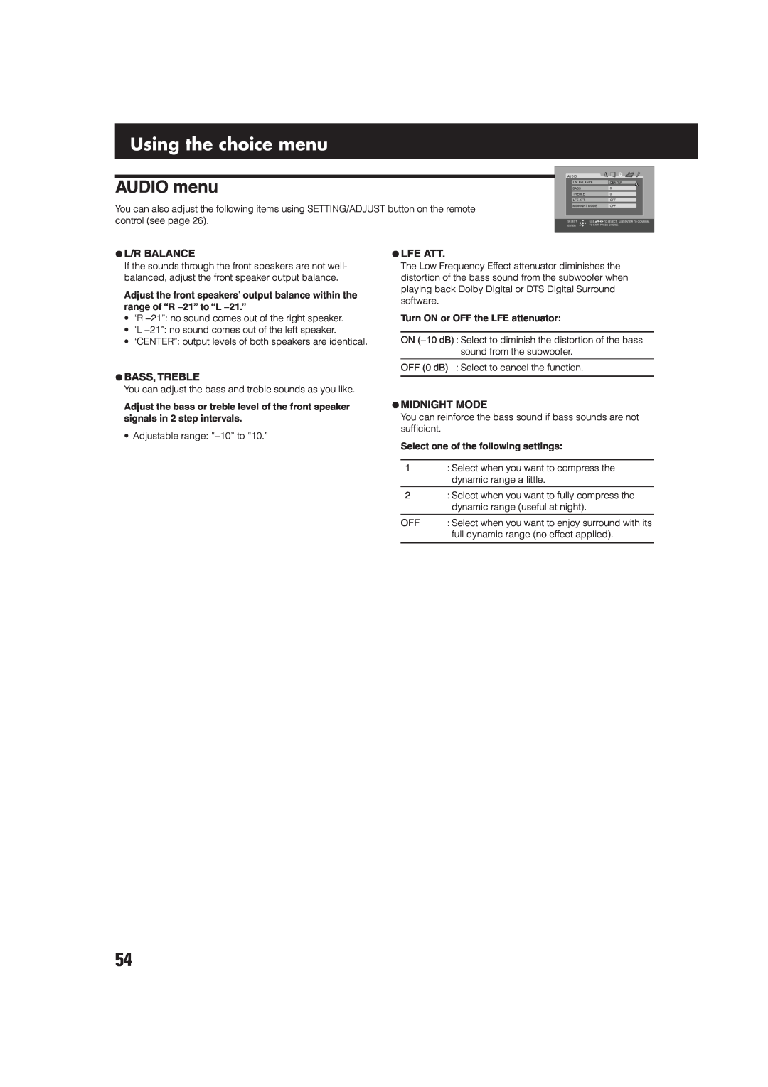 JVC TH-A75 manual Using the choice menu, AUDIO menu, ¶L/R Balance, ¶Bass, Treble, ¶Lfe Att, ¶Midnight Mode 