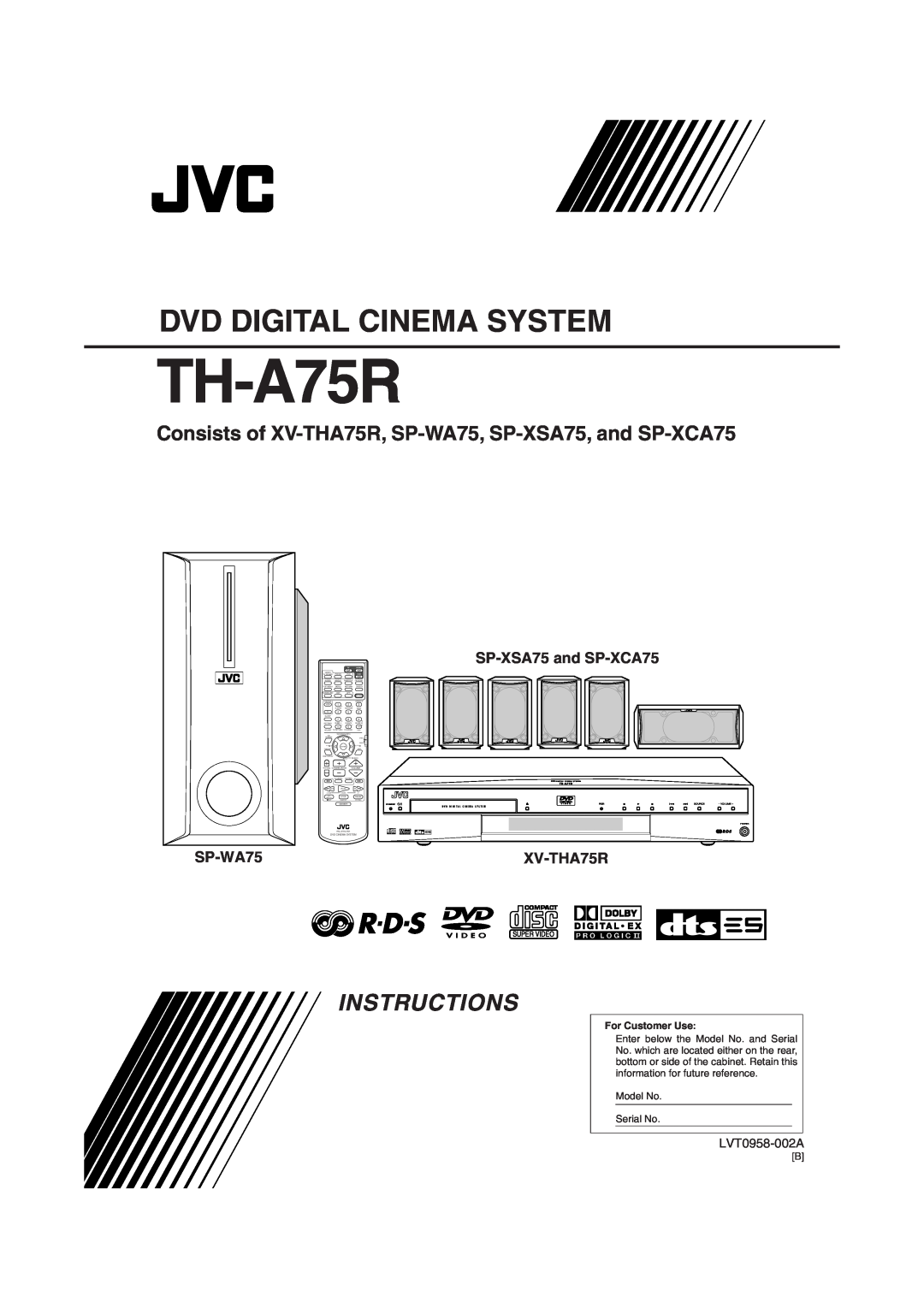JVC manual SP-WA75, SP-XSA75and SP-XCA75, XV-THA75R, TH-A75R, Dvd Digital Cinema System, Instructions, LVT0958-002A 