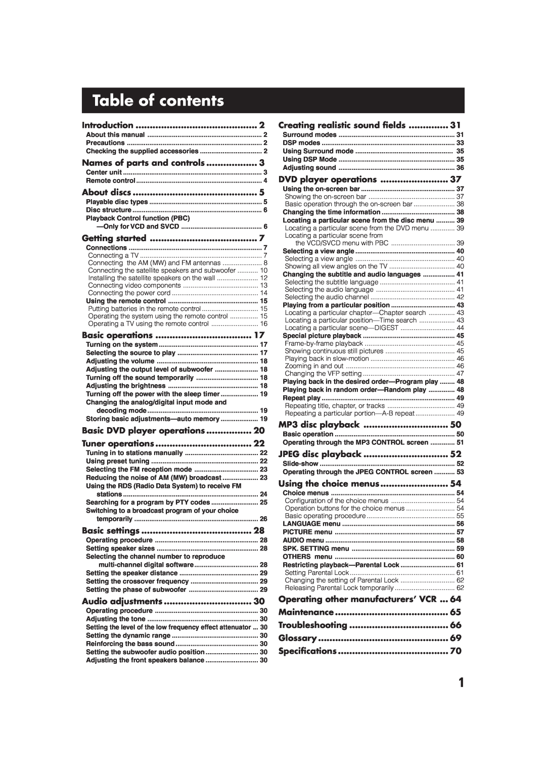 JVC TH-A75R, SP-XSA75, SP-XCA75, XV-THA75R, SP-WA75 manual Table of contents 