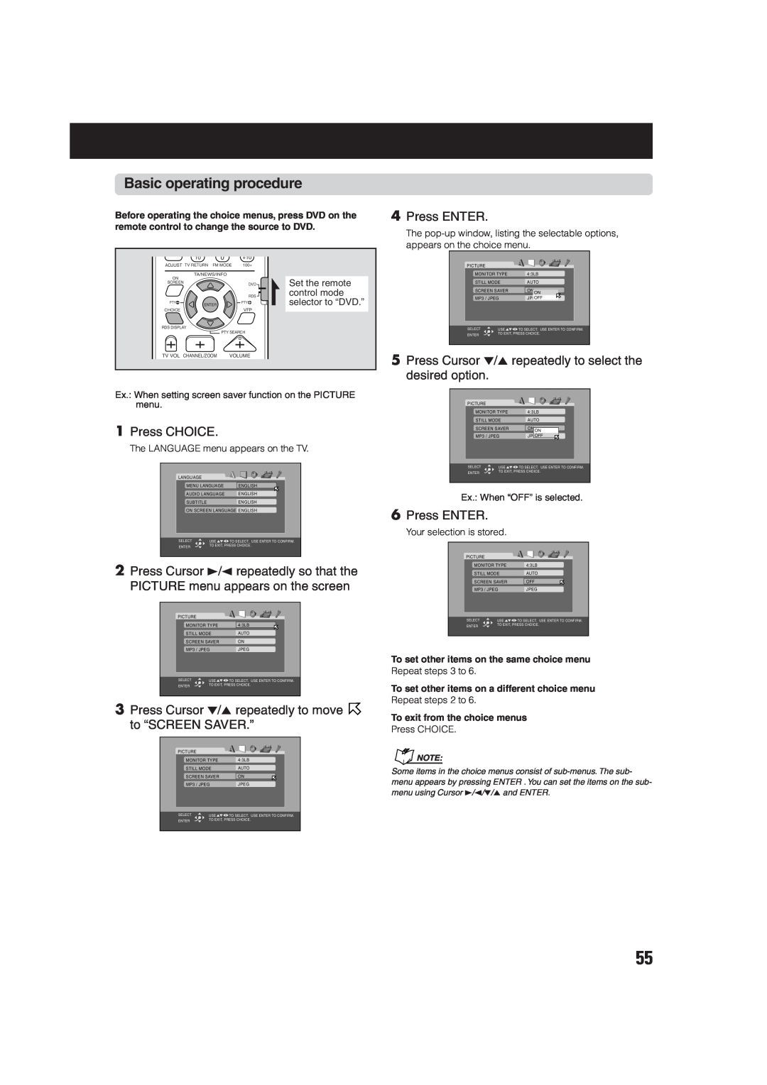 JVC SP-WA75, TH-A75R Basic operating procedure, 1Press CHOICE, 6Press ENTER, 4Press ENTER, To exit from the choice menus 