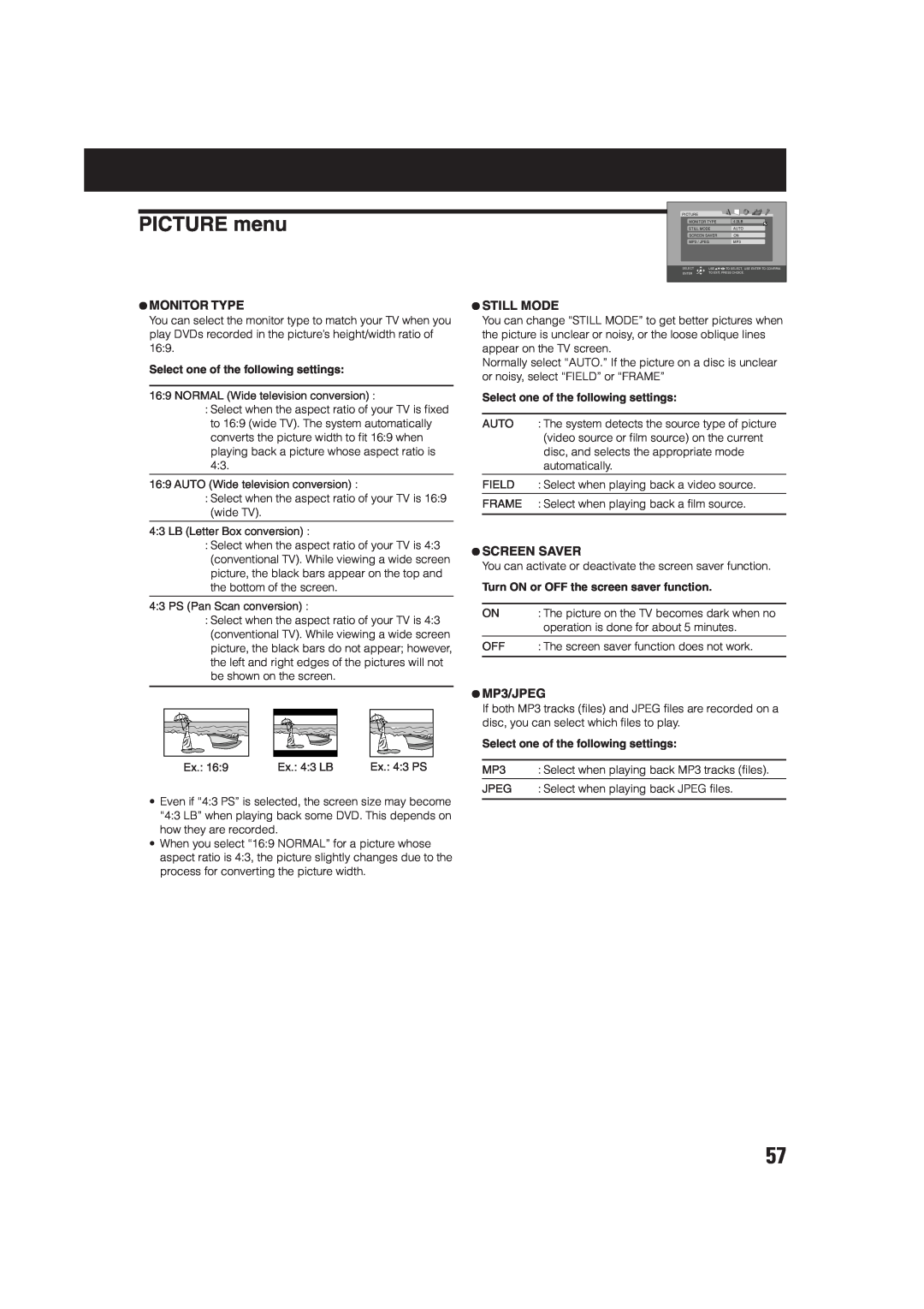 JVC SP-XSA75 PICTURE menu, ¶Monitor Type, ¶Still Mode, ¶Screen Saver, ¶MP3/JPEG, Select one of the following settings 