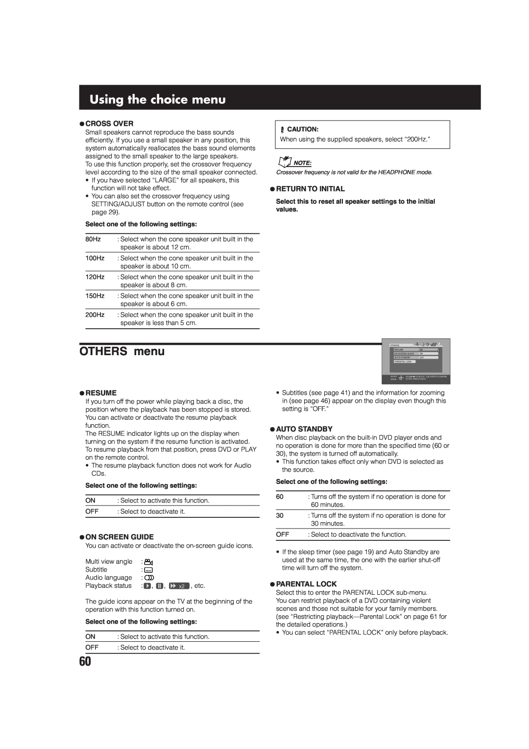 JVC SP-WA75 OTHERS menu, Using the choice menu, ¶Cross Over, ¶Return To Initial, ¶Resume, ¶On Screen Guide, ¶Auto Standby 