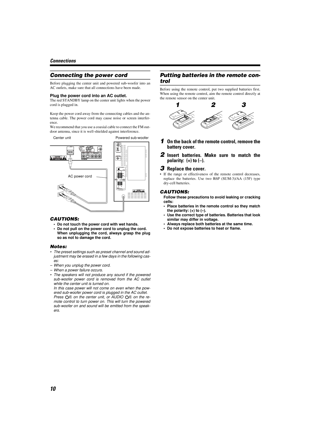 JVC TH-A9 manual Connecting the power cord, Replace the cover, Plug the power cord into an AC outlet 