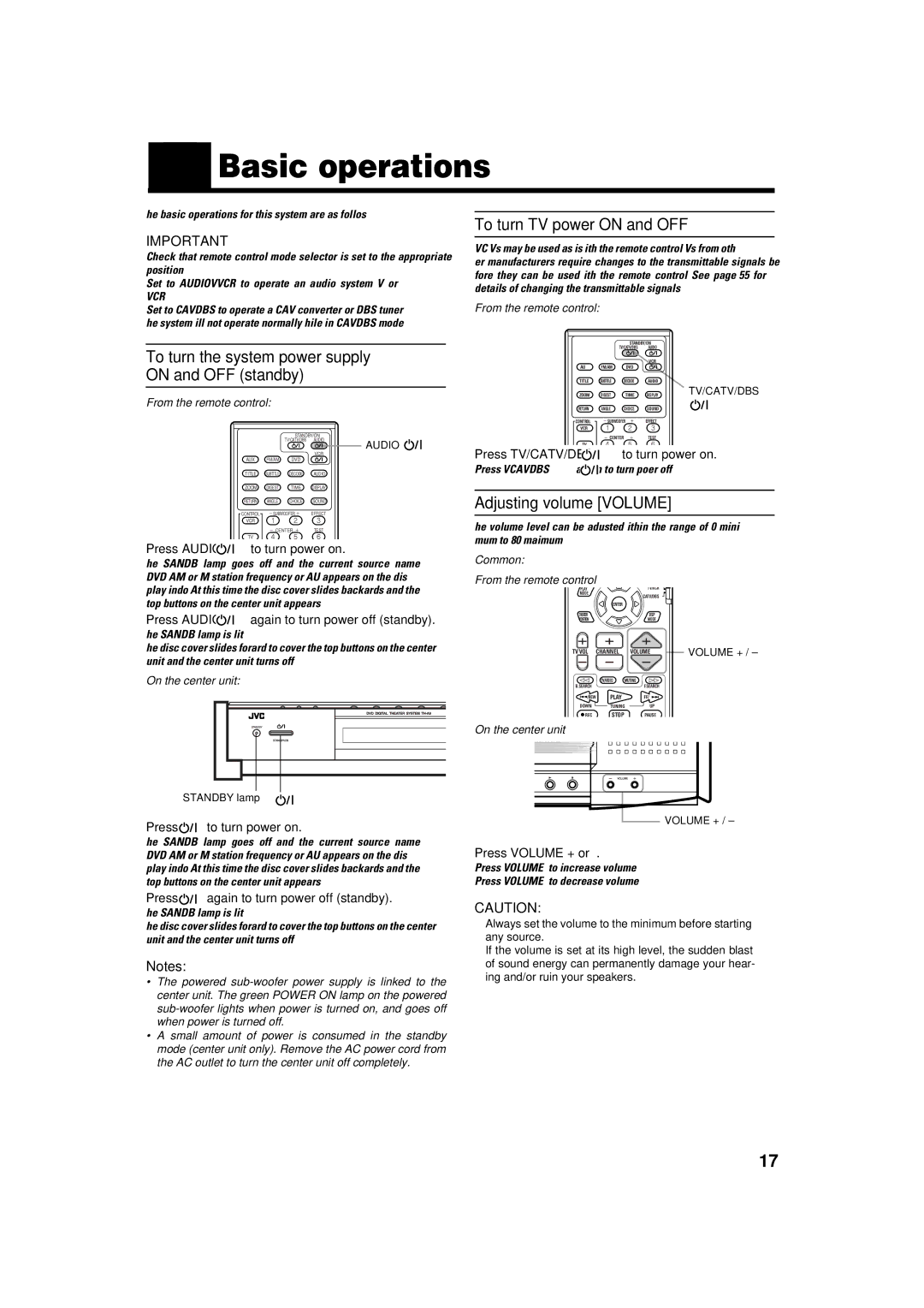 JVC TH-A9 manual Basic operations, Adjusting volume Volume 