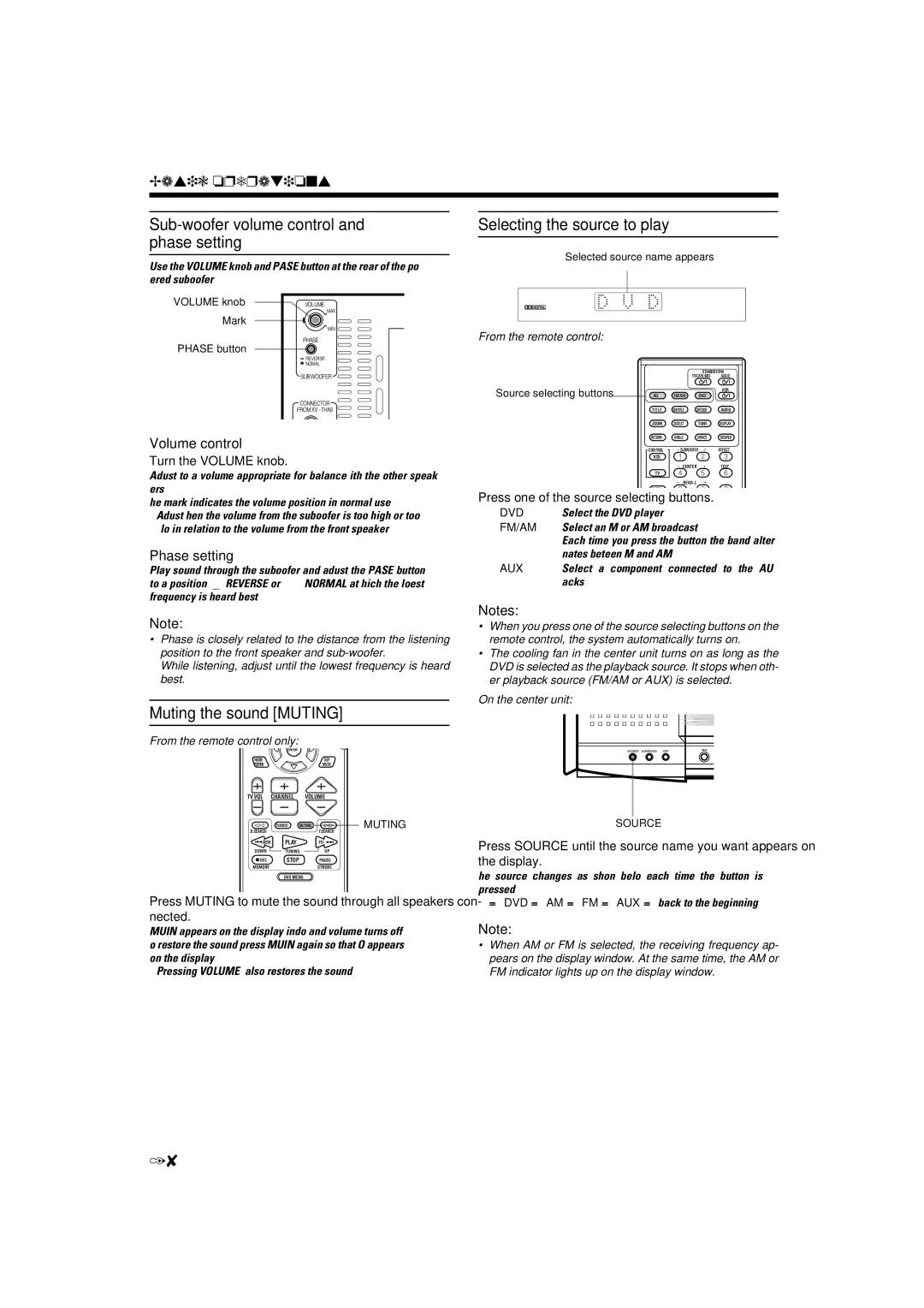 JVC TH-A9 manual Muting the sound Muting, Volume control, Phase setting 