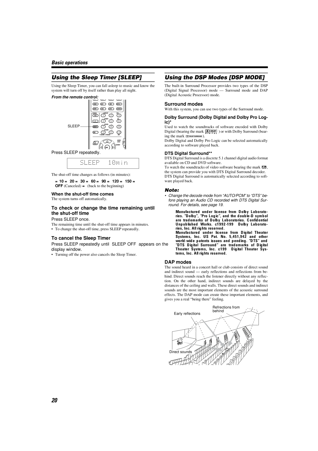 JVC TH-A9 Using the Sleep Timer Sleep, Using the DSP Modes DSP Mode, Surround modes, To cancel the Sleep Timer, DAP modes 