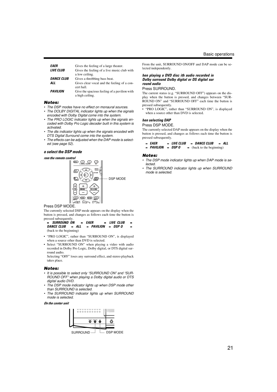 JVC TH-A9 manual To select the DSP mode, When selecting DAP Press DSP Mode, = Pavilion = DSP OFF = back to the beginning 