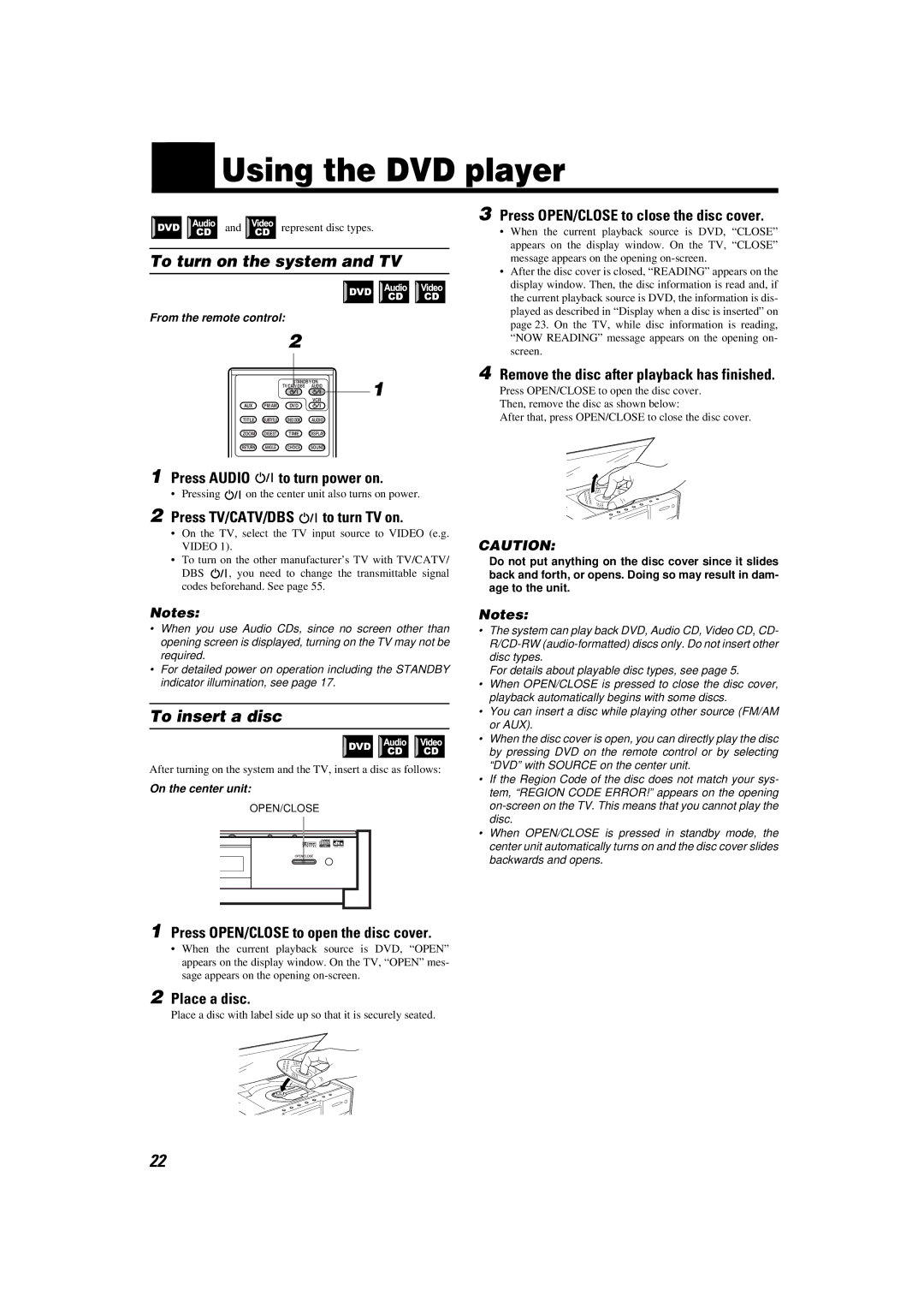 JVC TH-A9 manual Using the DVD player, To turn on the system and TV, To insert a disc 