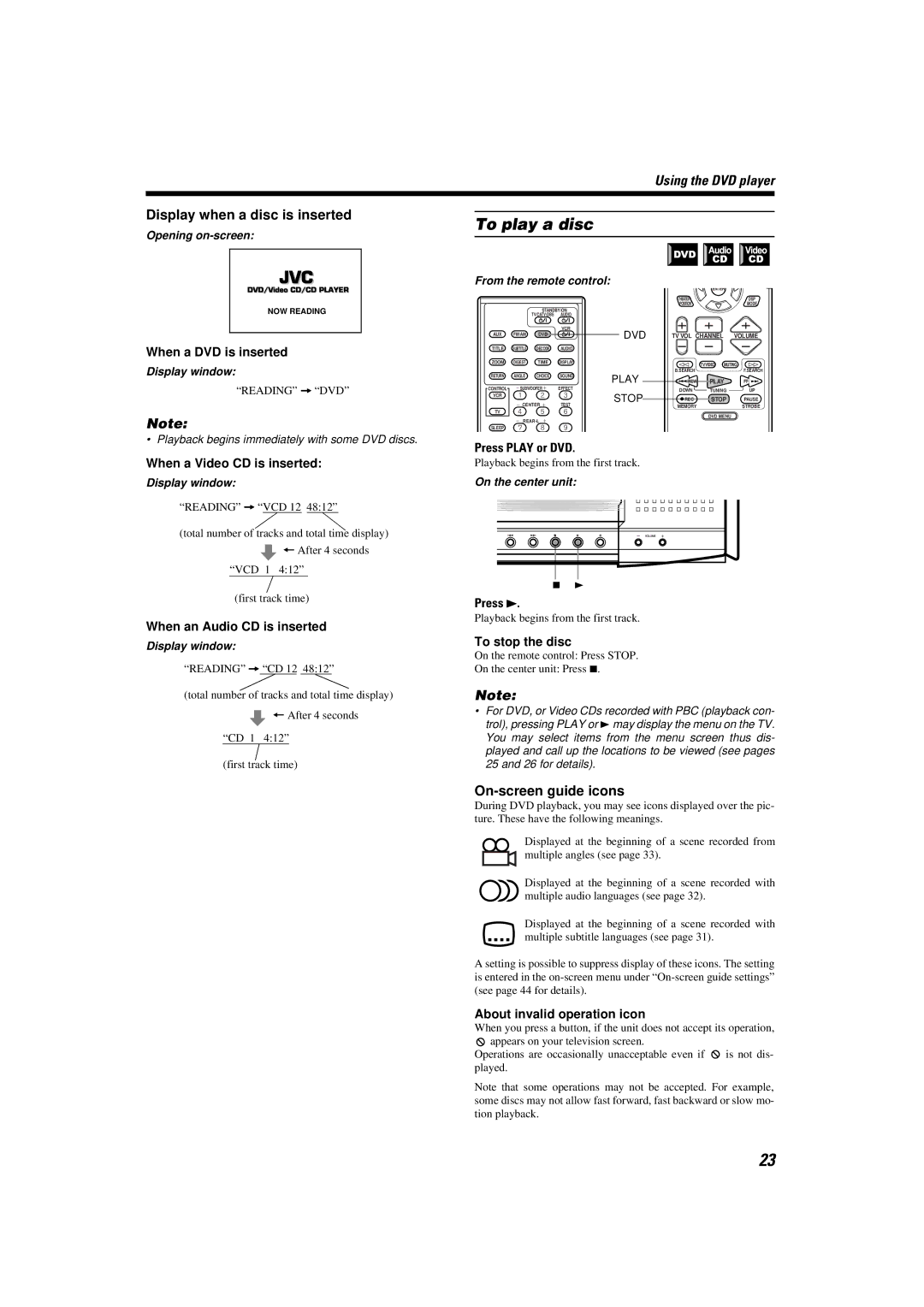 JVC TH-A9 manual Display when a disc is inserted, On-screen guide icons, Press 