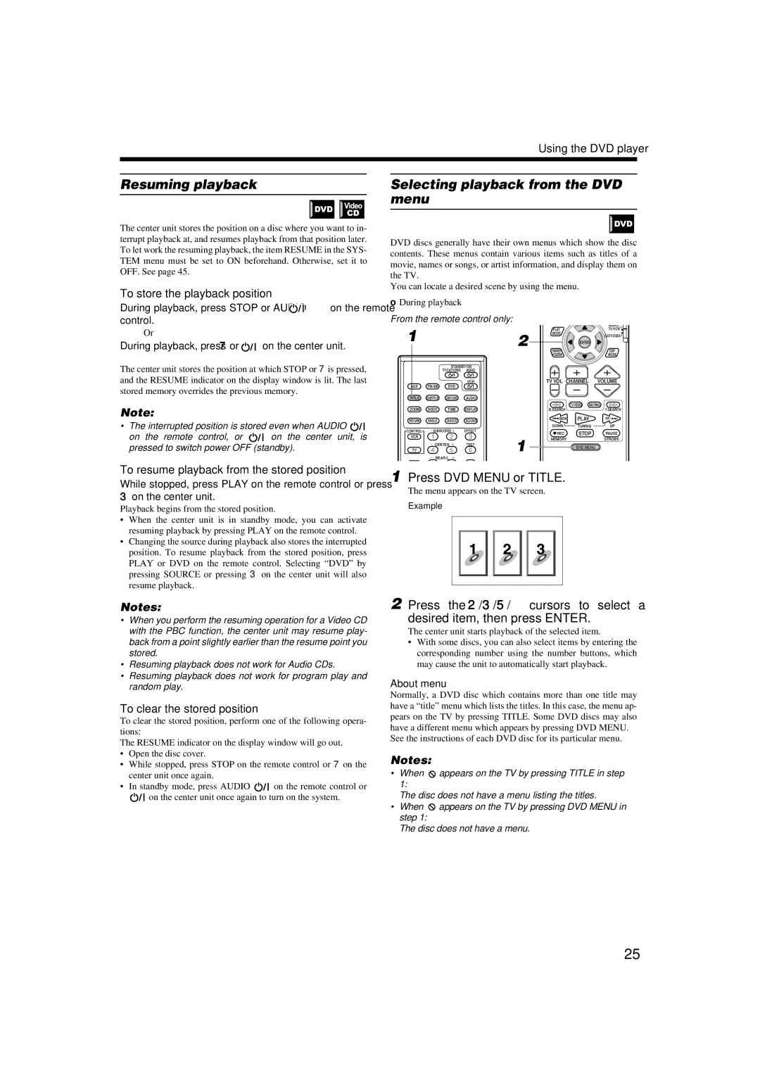 JVC TH-A9 Resuming playback, Selecting playback from the DVD menu, To store the playback position, 3on the center unit 
