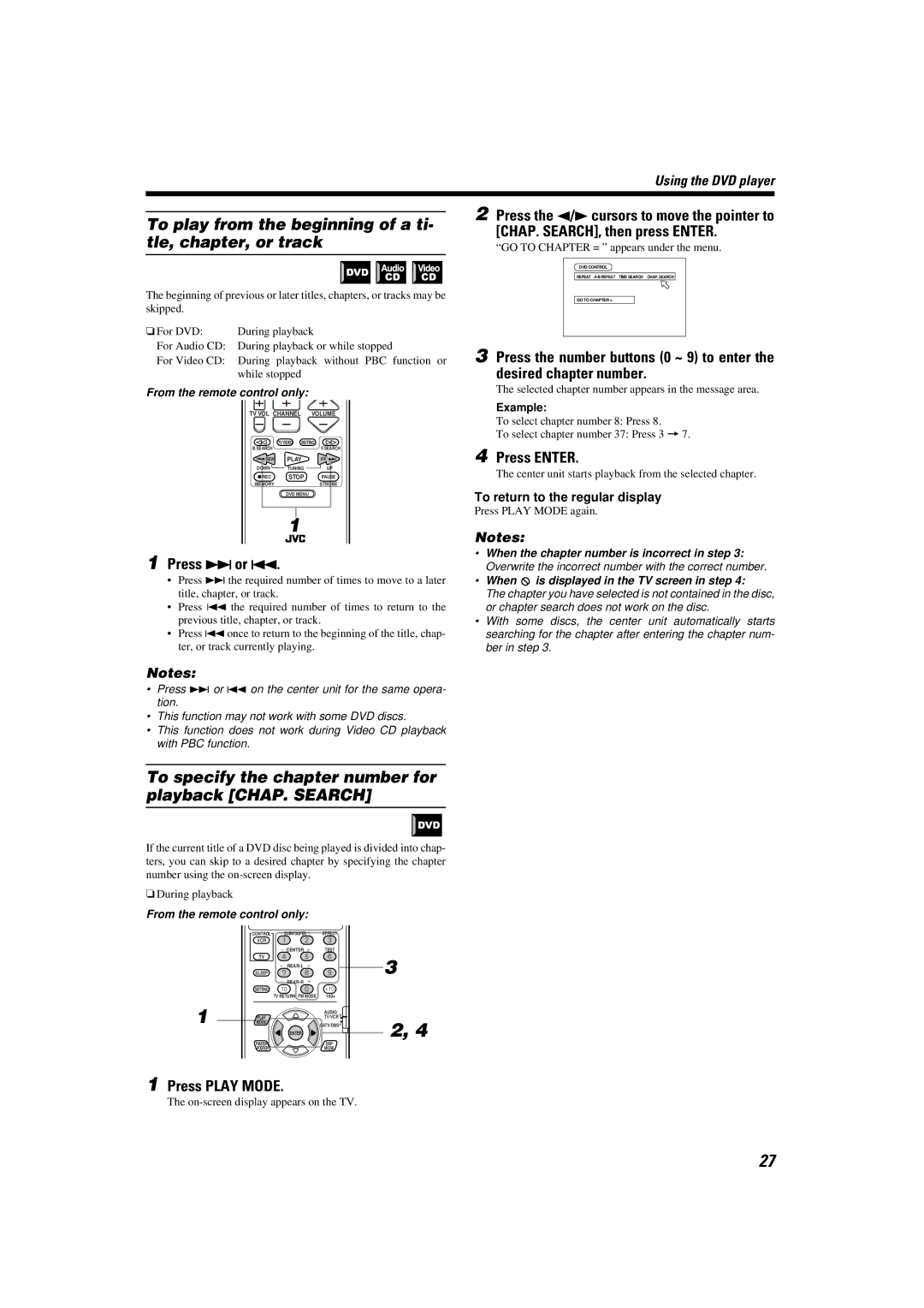 JVC TH-A9 manual To play from the beginning of a ti- tle, chapter, or track, Press ¢or, Press Enter, Press Play Mode 