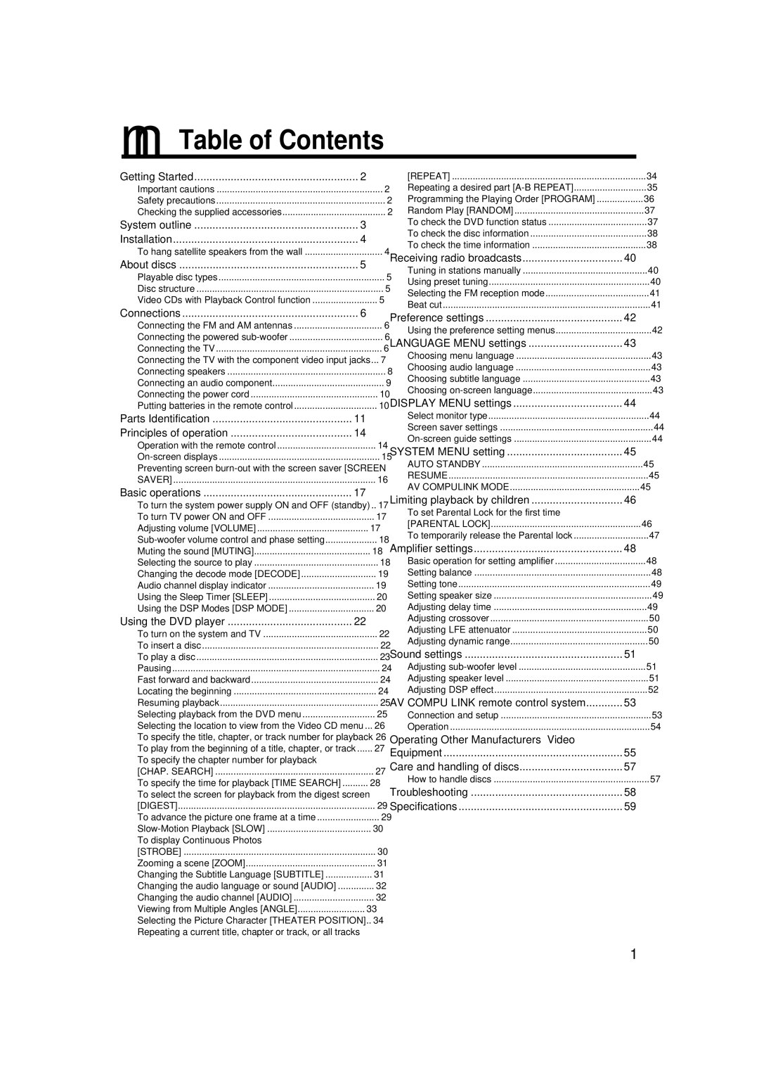 JVC TH-A9 manual Table of Contents 