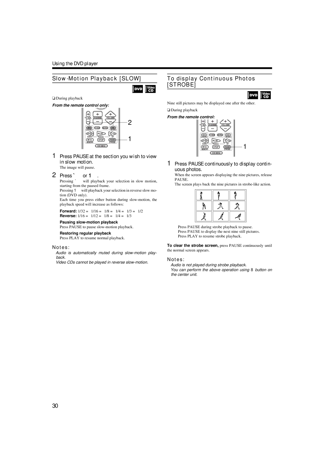 JVC TH-A9 manual Slow-Motion Playback Slow, To display Continuous Photos Strobe, Slow motion, Press Áor 