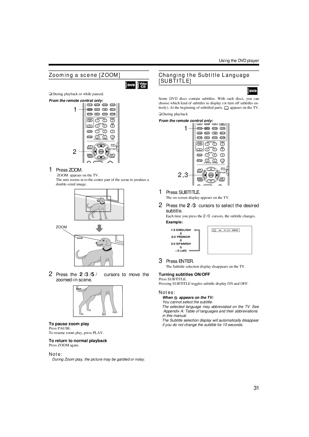 JVC TH-A9 manual Zooming a scene Zoom, Changing the Subtitle Language Subtitle 