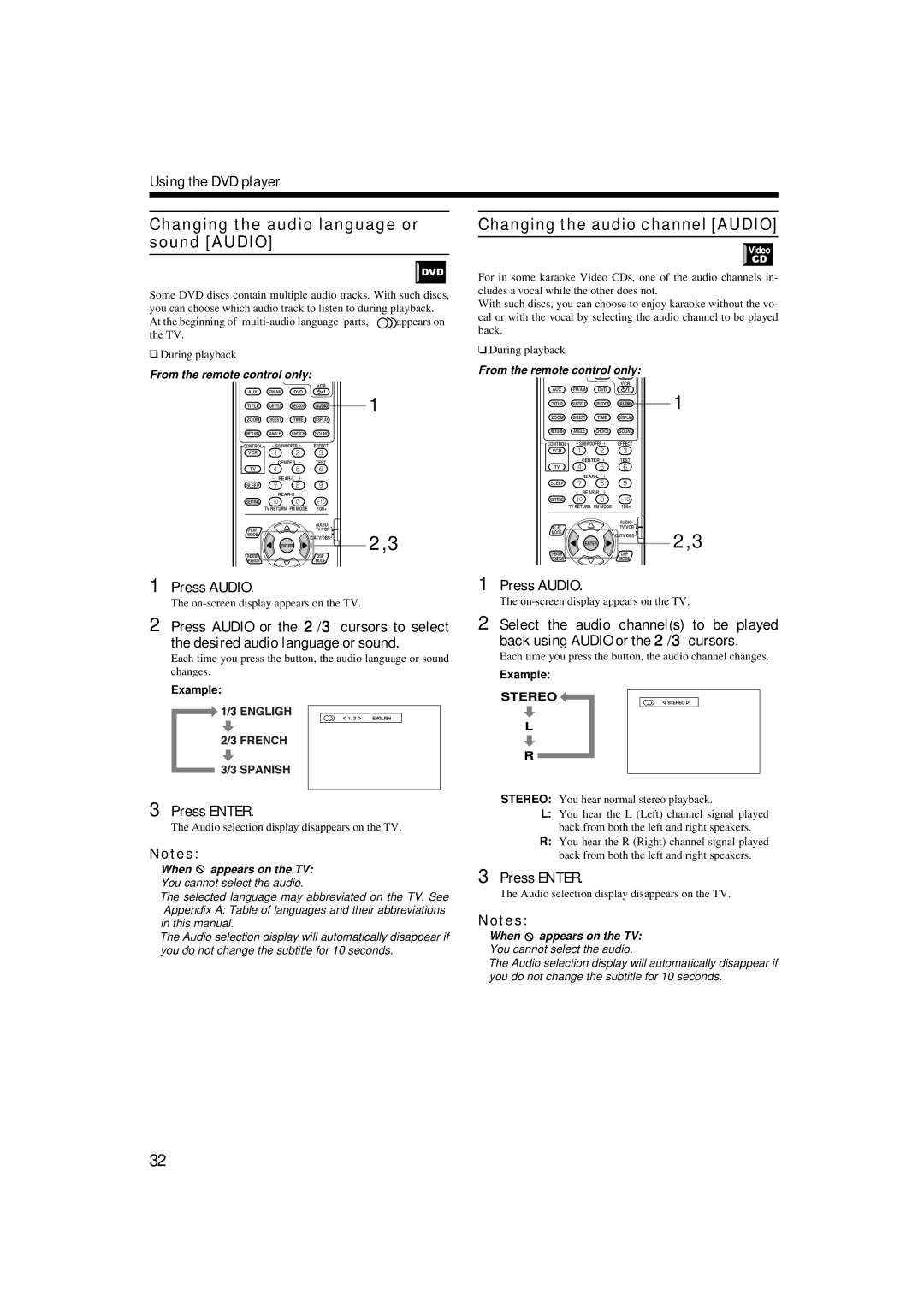 JVC TH-A9 manual Changing the audio language or sound Audio, Changing the audio channel Audio, Press Audio 