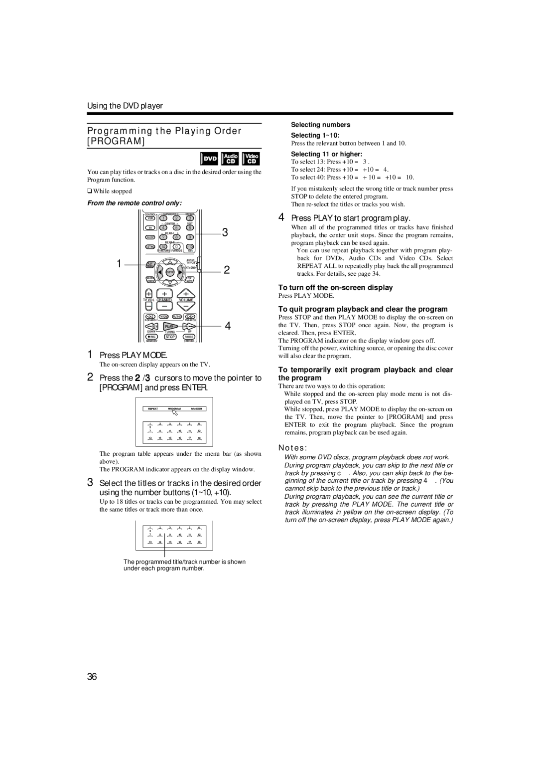 JVC TH-A9 manual Programming the Playing Order Program, Using the number buttons 1~10, +10 