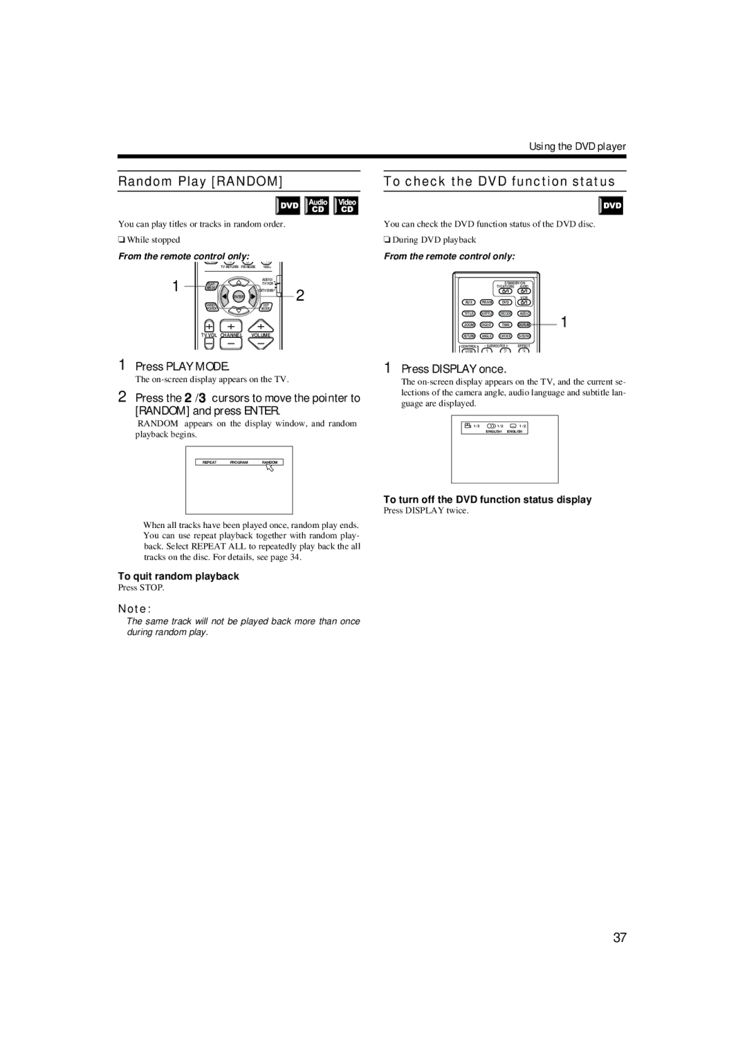 JVC TH-A9 manual Random Play Random, To check the DVD function status, Random and press Enter, Press Display once 