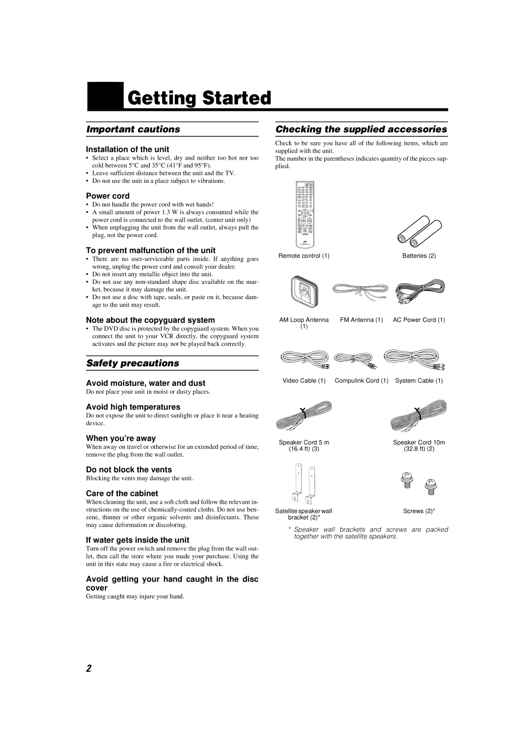 JVC TH-A9 manual Getting Started, Important cautions, Checking the supplied accessories, Safety precautions 