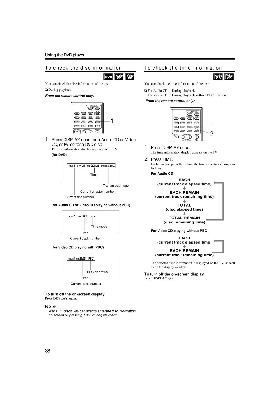 JVC TH-A9 manual To check the disc information, To check the time information, CD, or twice for a DVD disc, Press Time 