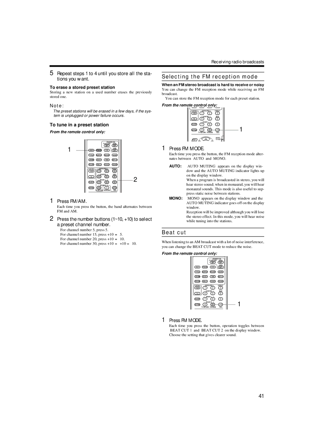 JVC TH-A9 manual Selecting the FM reception mode, Beat cut, Press FM/AM, Press FM Mode, To tune in a preset station 