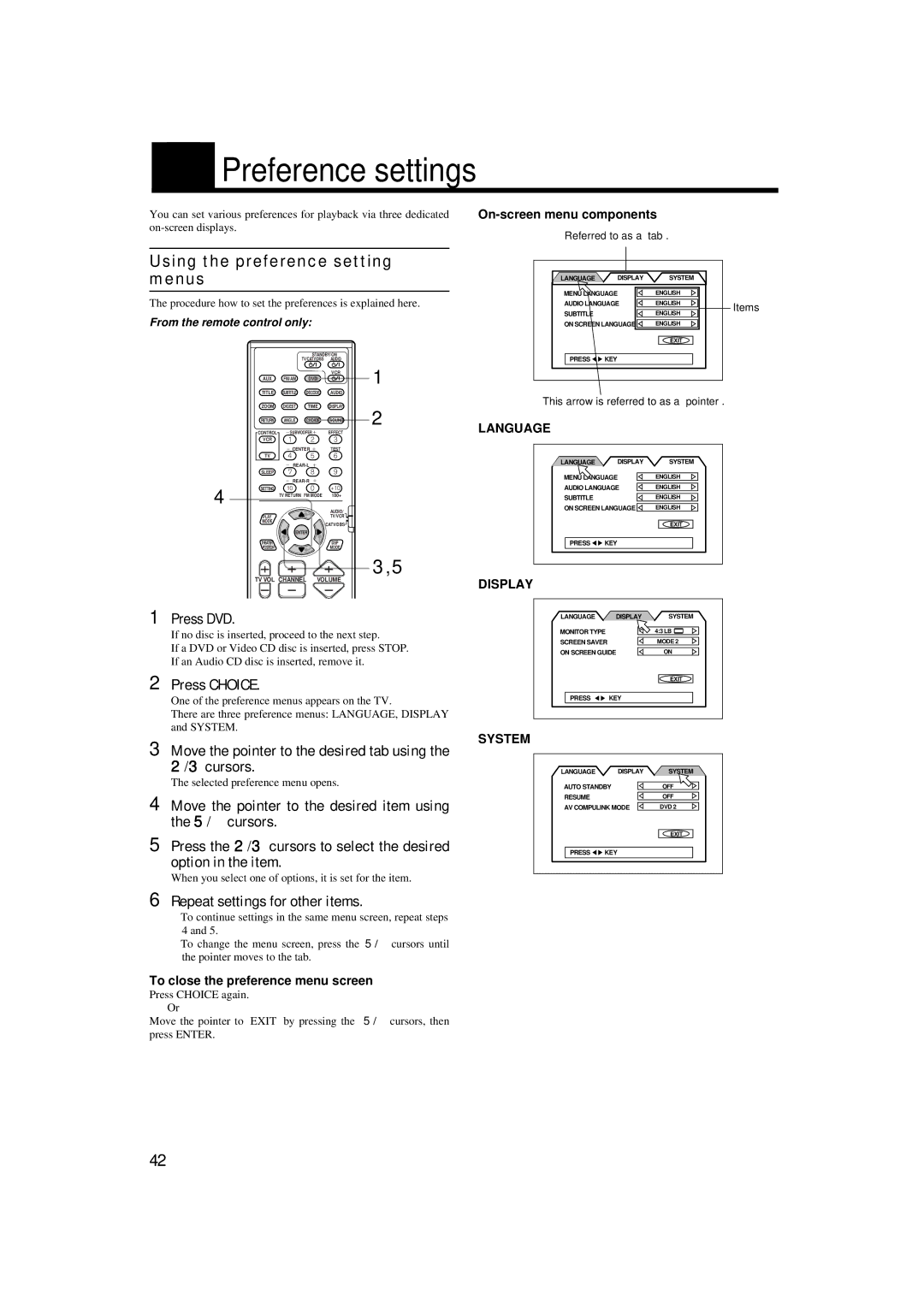 JVC TH-A9 manual Preference settings, Using the preference setting menus 