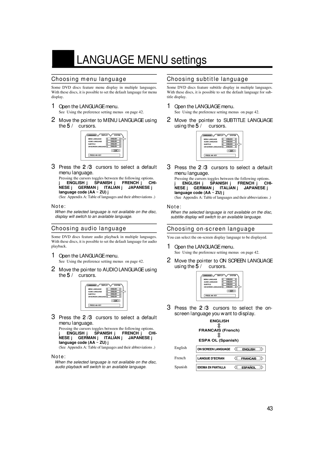 JVC TH-A9 manual Language Menu settings, Choosing menu language Choosing subtitle language, Choosing audio language 