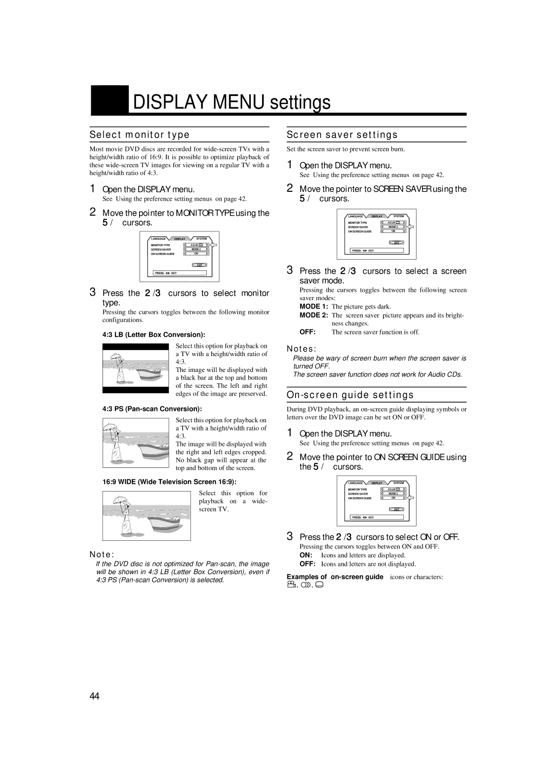 JVC TH-A9 manual Display Menu settings, Select monitor type Screen saver settings, On-screen guide settings 