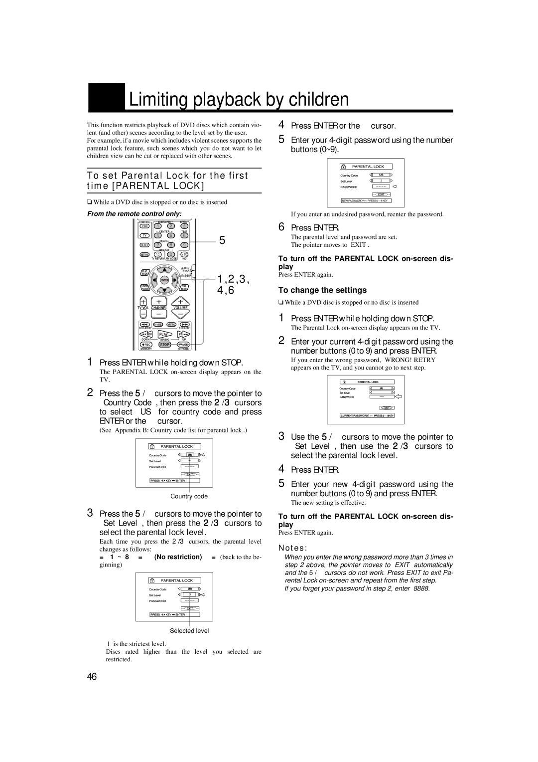 JVC TH-A9 manual Limiting playback by children, To set Parental Lock for the first time Parental Lock 