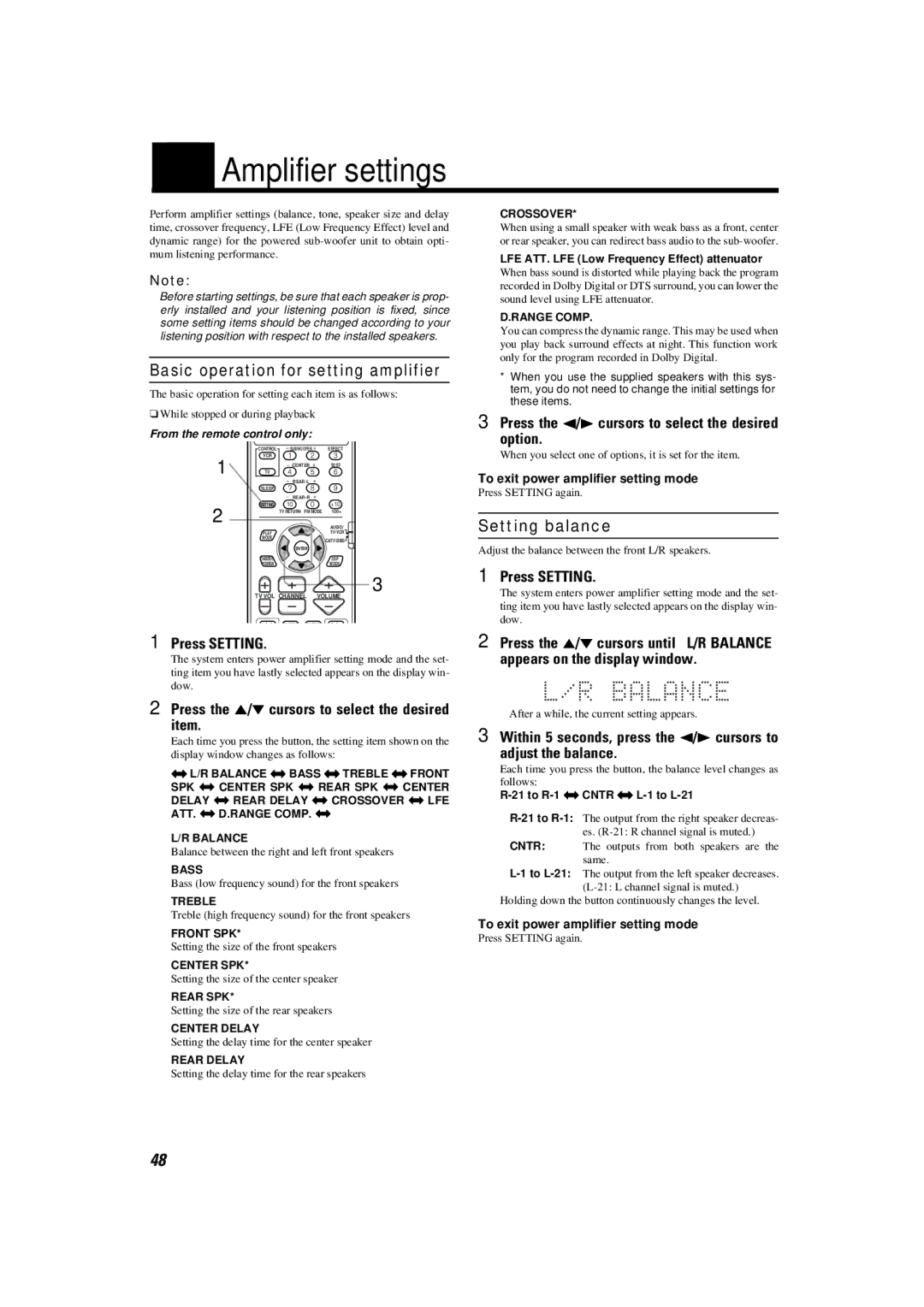 JVC TH-A9 manual Amplifier settings, Basic operation for setting amplifier, Setting balance 